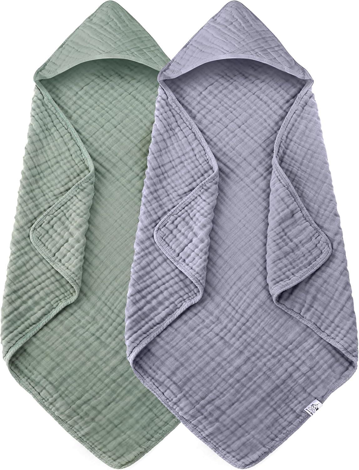 2 Pack Hooded Baby Towels - 100% Muslin Cotton for Newborns, Infants, Toddlers - Large 32x32Inch Size - Highly Absorbent and Essential for Newborn Care, Green and Grey