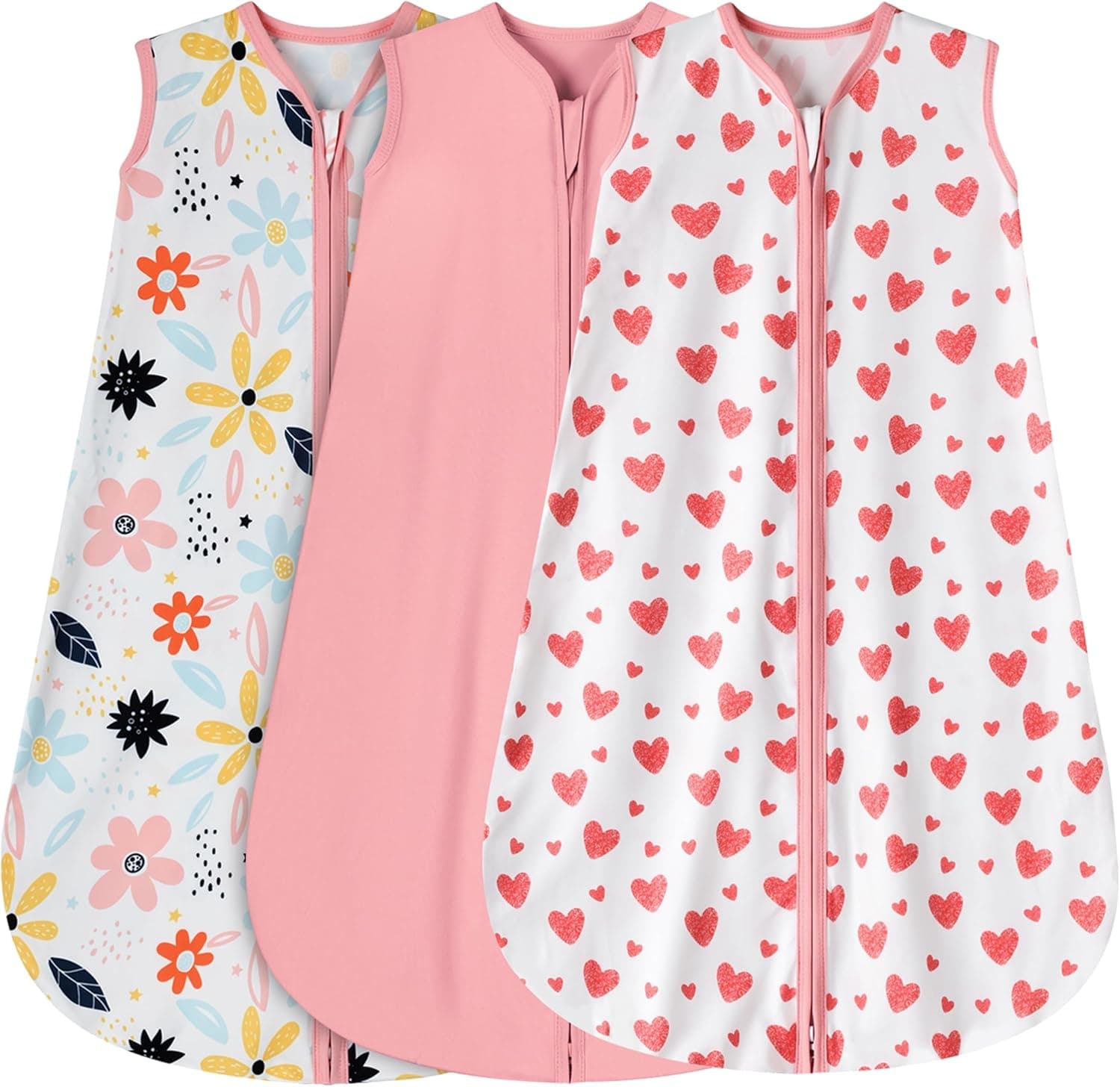 3 Pack Baby Sleep Sack 0-6 Months 100% Rayon Cotton Baby Sleeping Bag 2-Way Zipper Toddler Wearable Blankets Comfy Stretchy Lightweight TOG 0.3 ๏ผHeart&Pink&Floral๏ผ
