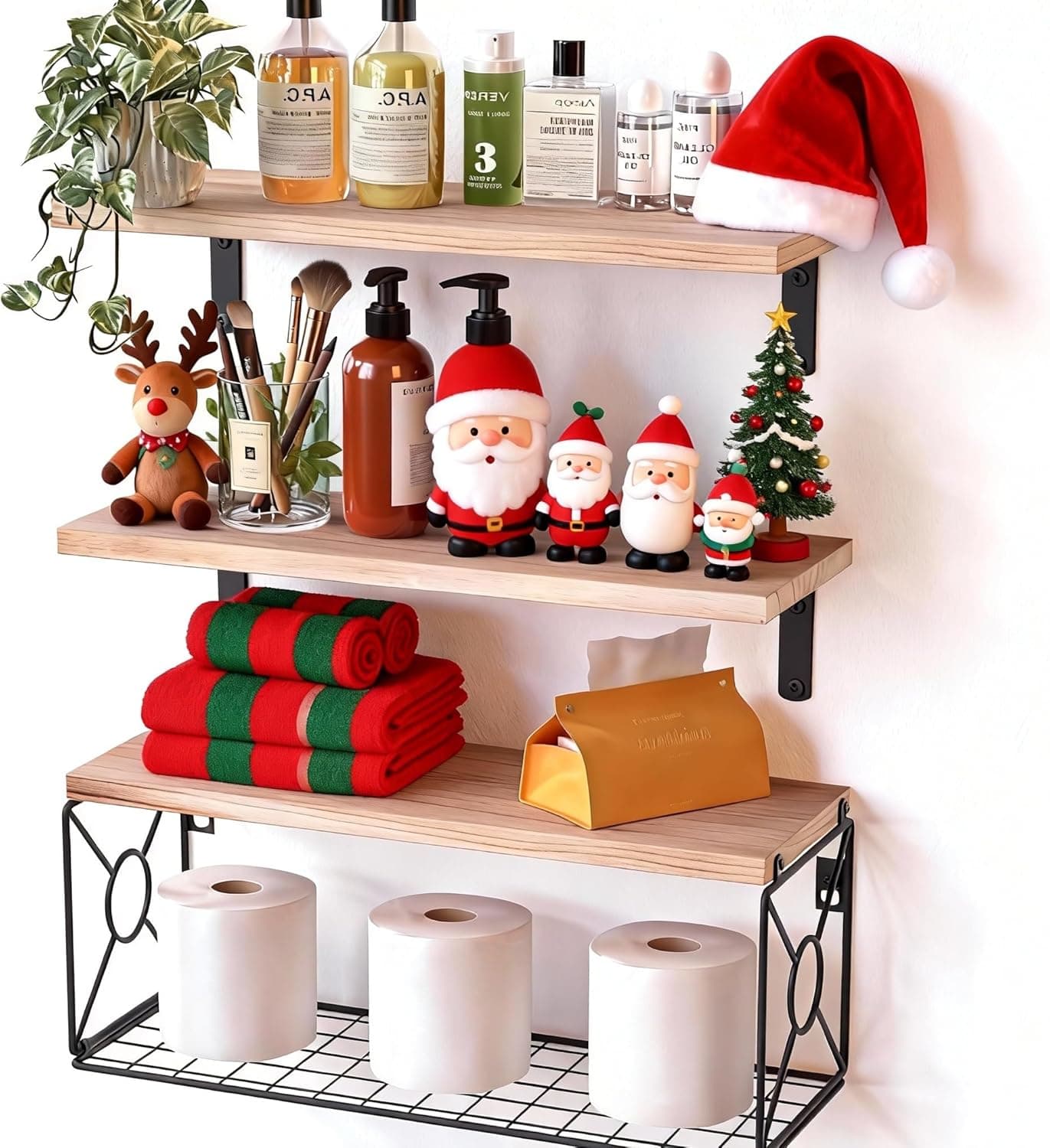 Amada Bathroom Shelves Over Toilet with Storage Basket, Floating Shelves Wall Shelves for Home Organization & Wall Decor, Bathroom/Kitchen/Living Room Shelves–Natural Wood