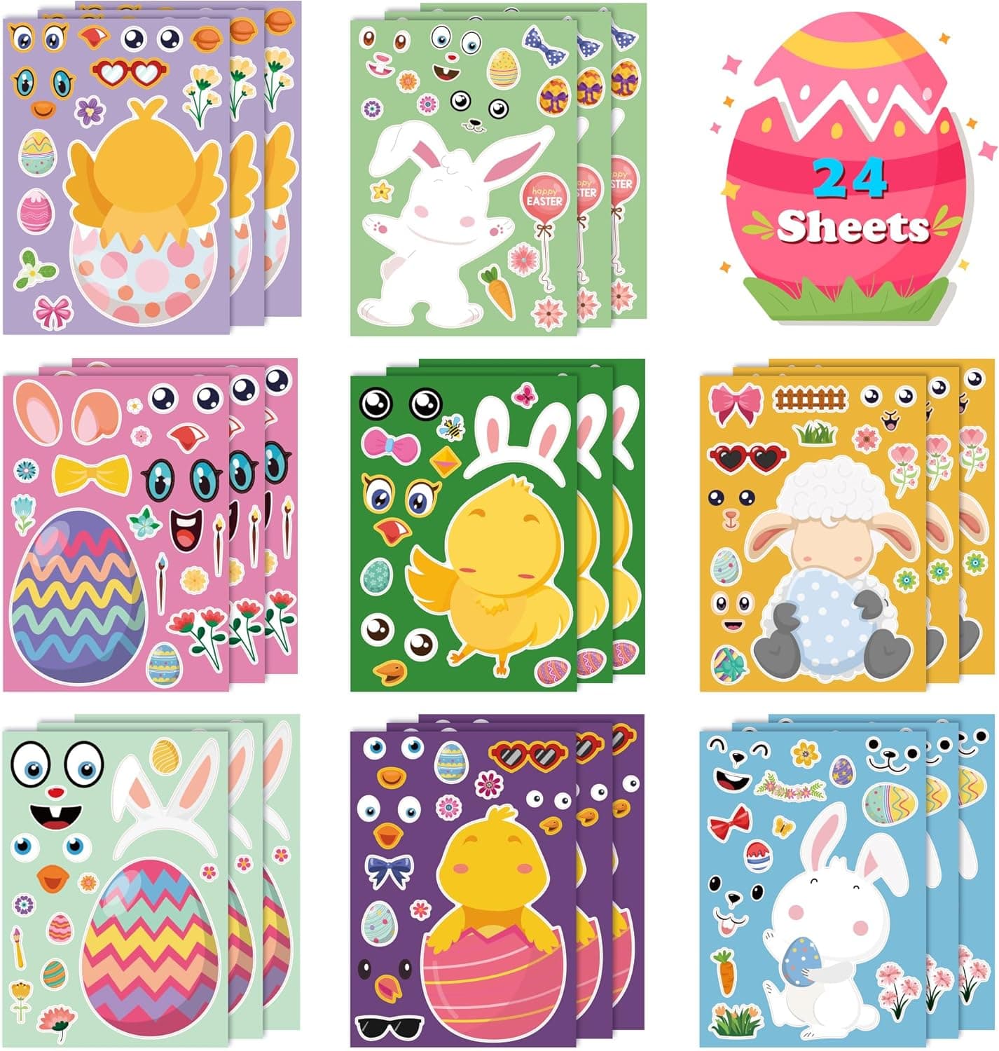 OHOME Easter Basket Stuffers for Kids - DIY Happy Egg Bunny Sticker Crafts Stickers,Kids Easter Gifts Decor Treats Games Toys Activities Party Favor Supplies(24 Sheets)