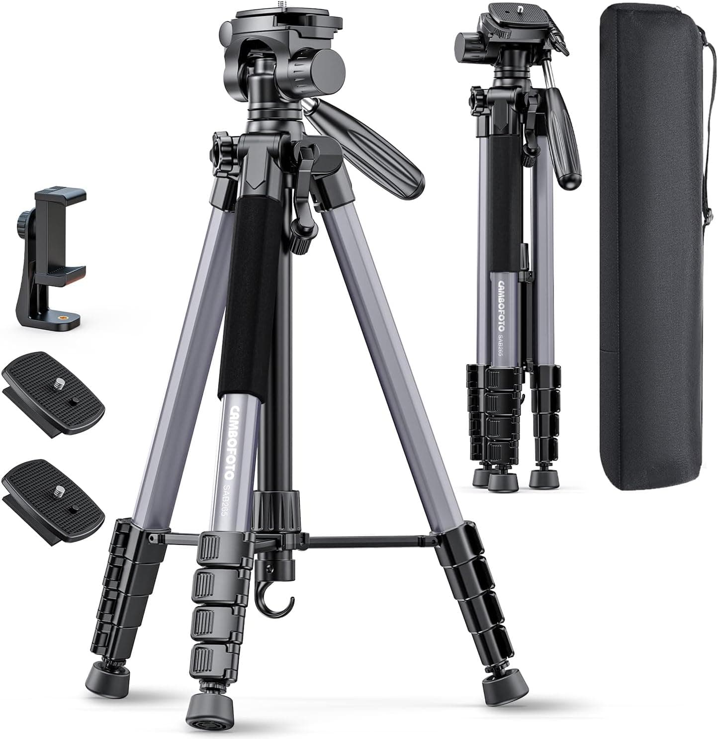 CAMBOFOTO 74"-Camera-Tripod, Professional Aluminum Tripod/Leg Stand Mirrorless Camera/DSLR/Cell Phone/Camcorder/GoPro, with Phone Holder and Travel Bag (Gunmetal Gray) Weight 2.8 lbs Load 8.8 lbs