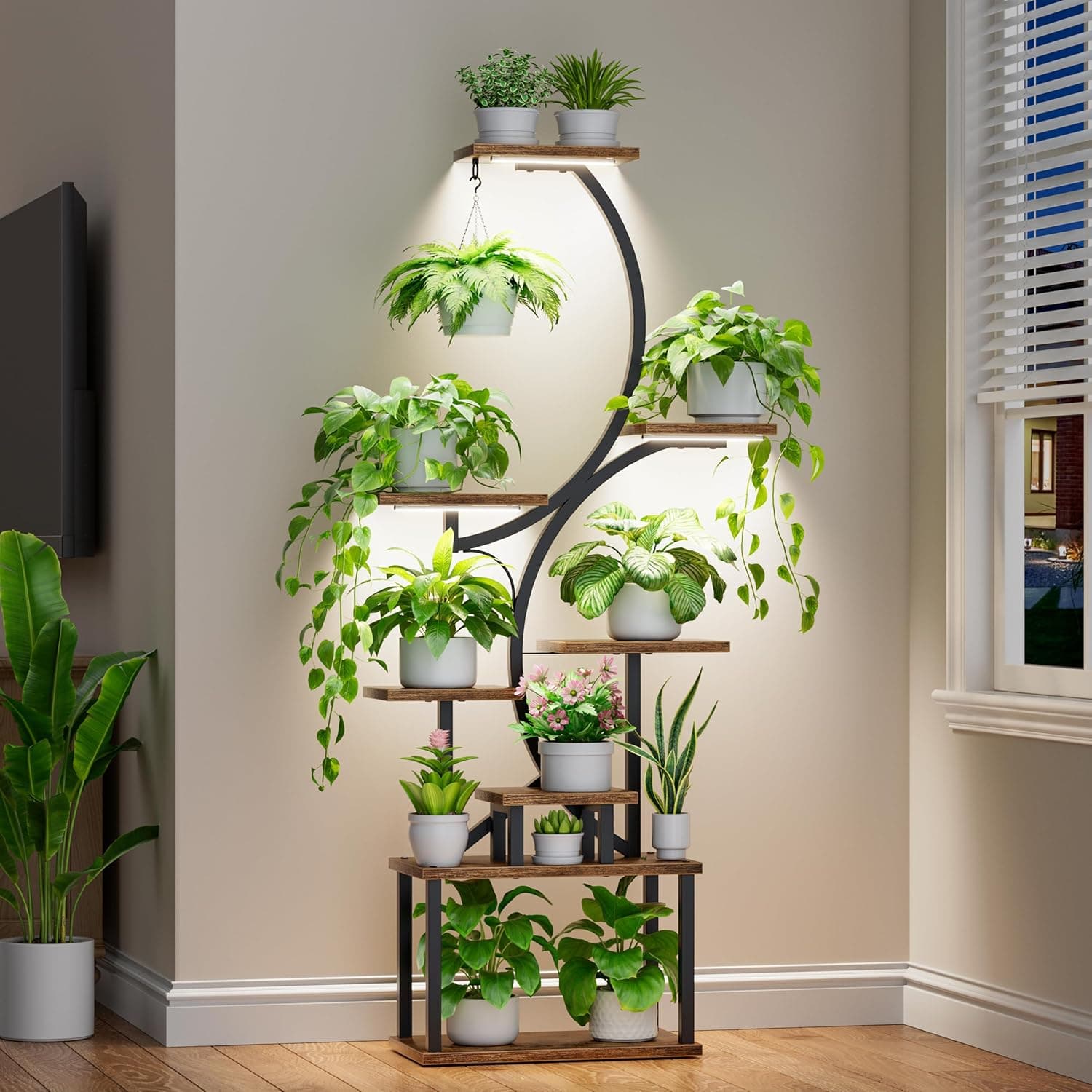 Plant Stand Indoor with Grow Lights - 62" Tall Plant Shelf, Lighted Corner Plant Stands for Indoor Growing, 8 Tiered Large Flower Holder, S-Shaped Decorative Rack for Living Room, Patent Design, Brown
