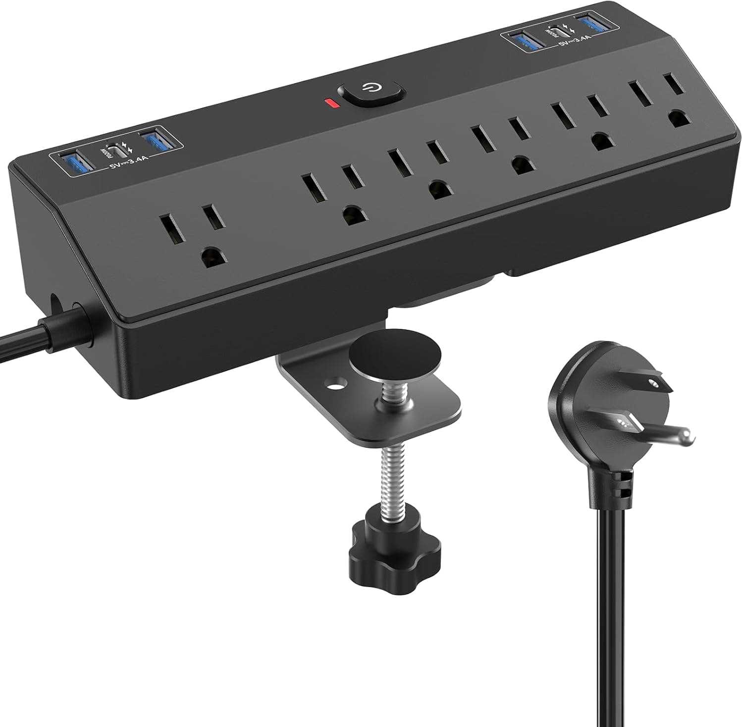 Desk Clamp Power Strip with 40W Fast Charging Station, JXGUCAT Removable Flat Plug Desk Mount Power Strip Surge Protector, 10FT Extension Cord with 2 USB-C Ports 6 Outlets, Fits 1.8" Tabletop Edge