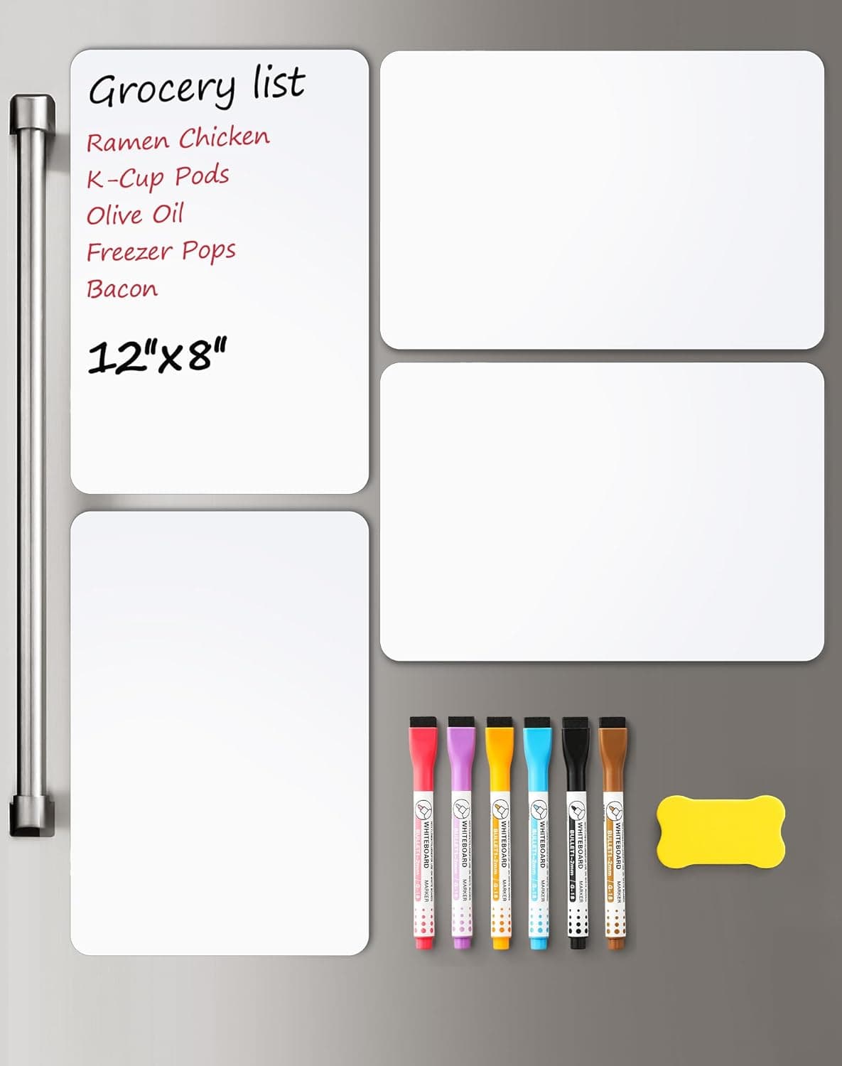 4 PACK Magnetic Dry Erase Board Sheet for Fridge, 12"x8" Erasable Refrigerator WhiteBoard w/ 6 Markers & 1 Eraser- Smooth and Flexible Small Magnet Blank Notepad for Home Kitchen Organizer and Planner