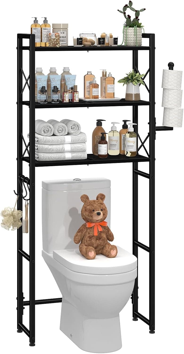 Simple Trending Over The Toilet Storage Rack with Toilet Paper Holder, Heavy Duty Metal 3 Tier Bathroom Organizer Shelf with 3 Hooks,Black