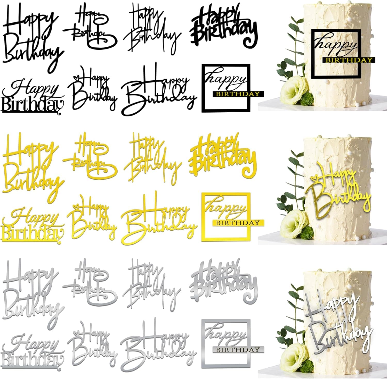 24 PCS Happy Birthday Cake Toppers Mirror Acrylic Side Cake Decorations 8 Styles 3 Colors