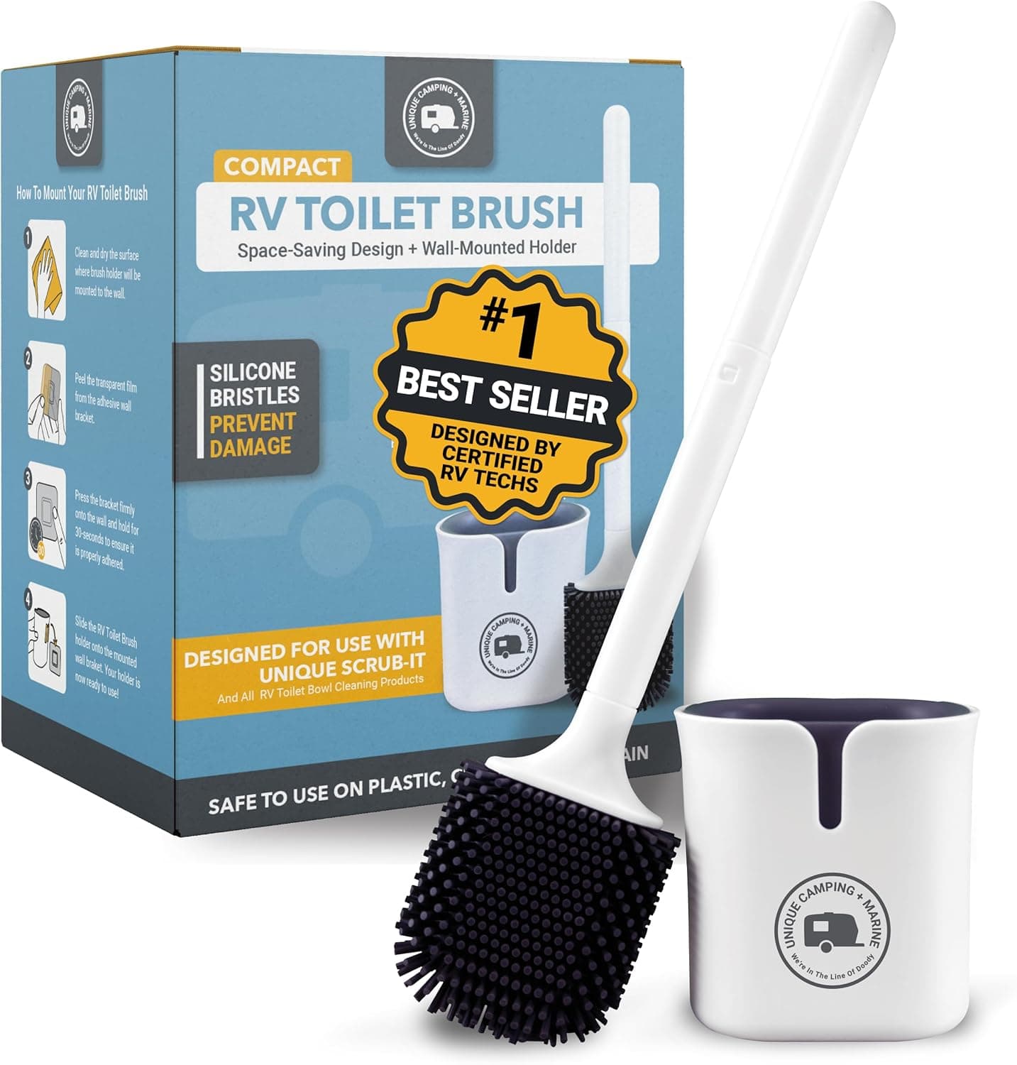 Unique Silicone RV Toilet Brush, Compact, Won't Damage Toilets or Seals, Wall-Mount No-Drip Holder