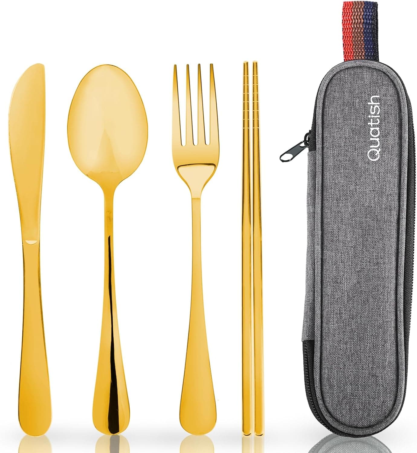 Travel Utensils with Case, Quatish Portable Silverware Set for Work, Stainless Steel Reusable Travel Cutlery, Fork and Spoon Set for Camping, Picnic, Gadgets, Lunch Box for Men, Christmas Gift, Gold