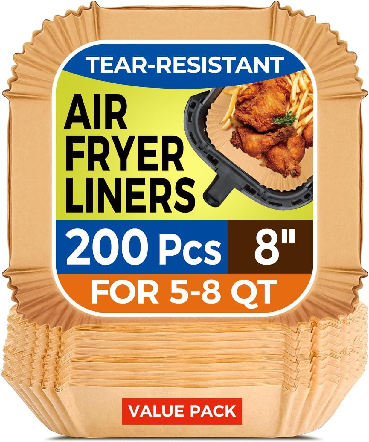 Air Fryer Paper Liners, 200pcs Air Fryer Liners Disposable, 8" Square Baking Liner for 5-8 qt Airfryer Basket, Non-stick and Oil Proof Parchment Paper for Oven, Pans & Baking