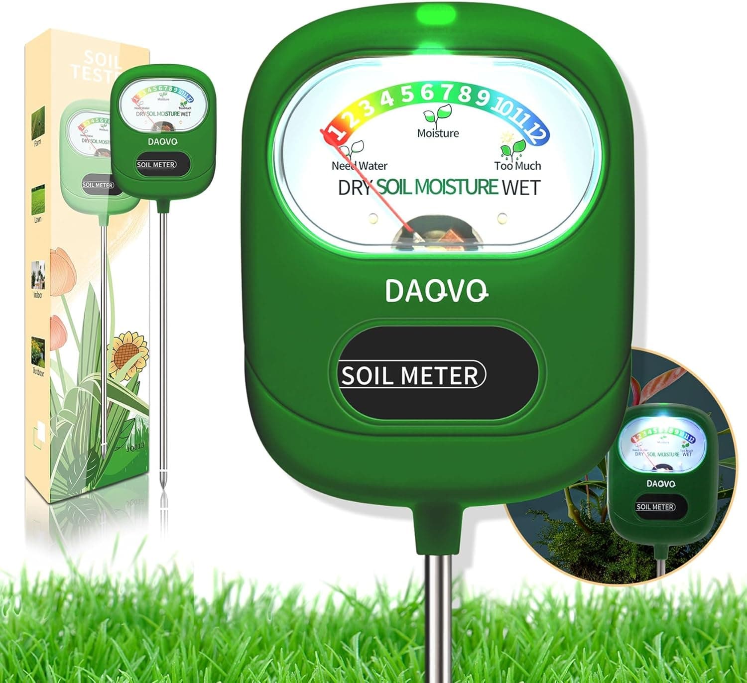 Soil Moisture Meter, Plants Moisture Meter Upgraded-Large Screen-Soil Hygrometer with Light- Plant Water Meter for Indoor and Outdoor Hous Plants, Garden, Farm, Lawn Soil Tester-Spring-Green