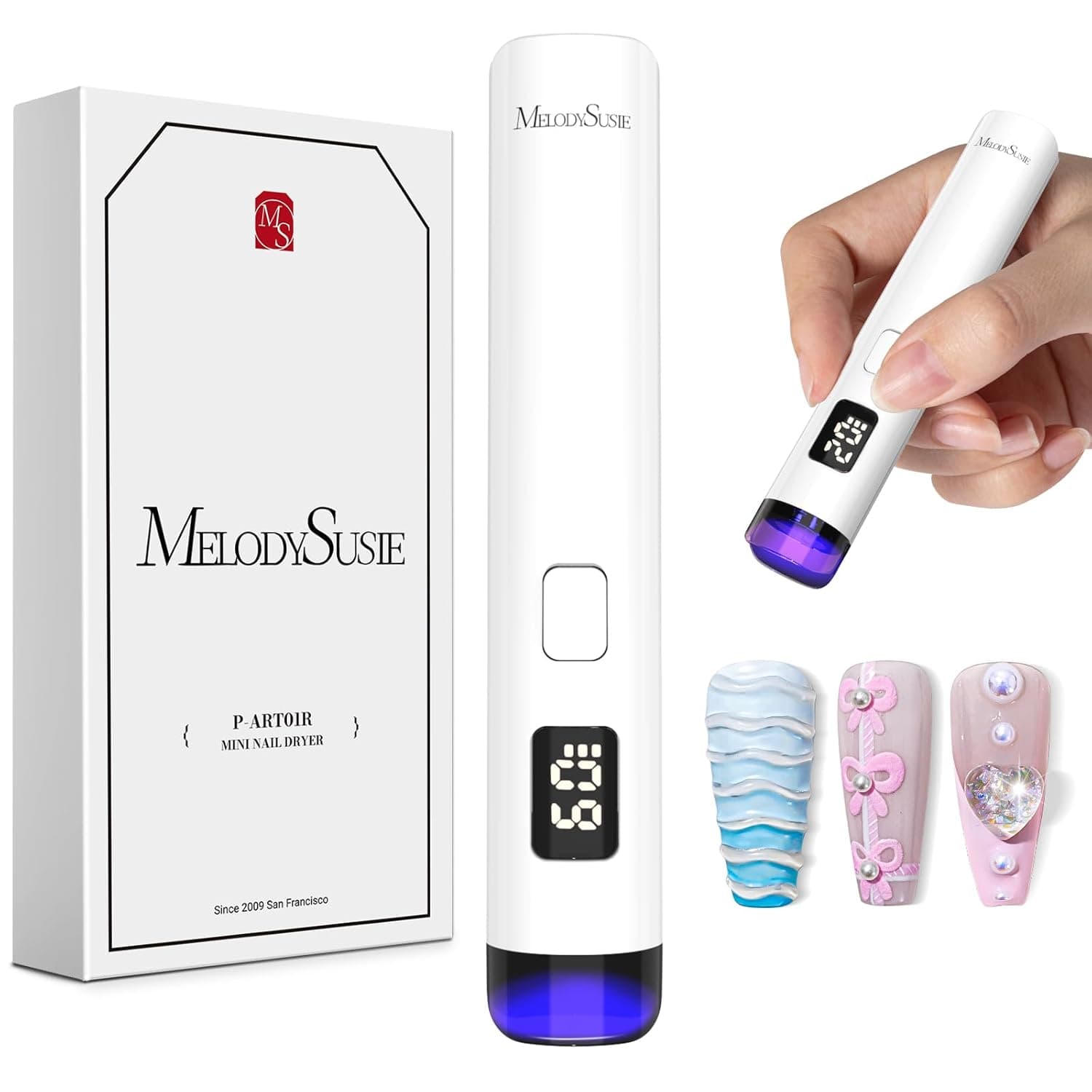 MelodySusie Handheld Cordless UV Nail Lamp with LCD Display & Eye-Protection Cover, P-Art01R Rechargeable Mini UV LED Light Flash Cures All Soft Gels, Especially Rhinestone Glue & Liner Gel White