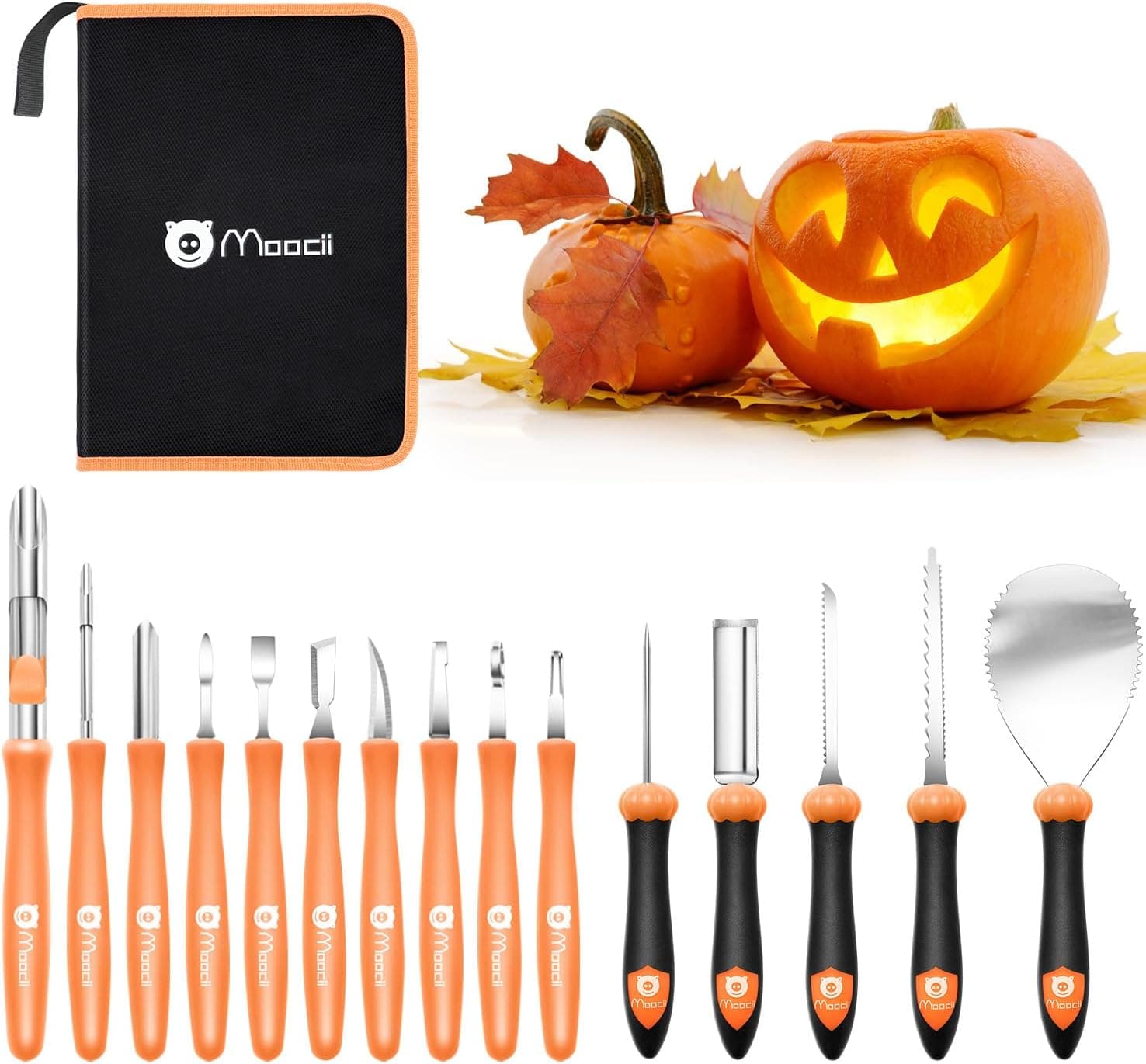 Halloween Pumpkin Carving Tools Kit: 15PCS Professional Heavy Duty Carving Set Stainless Steel Double-Side Sculpting Tool Carver Knife for Jack-O-Lantern DIY Decoration Cutting Sculpting with Handbag