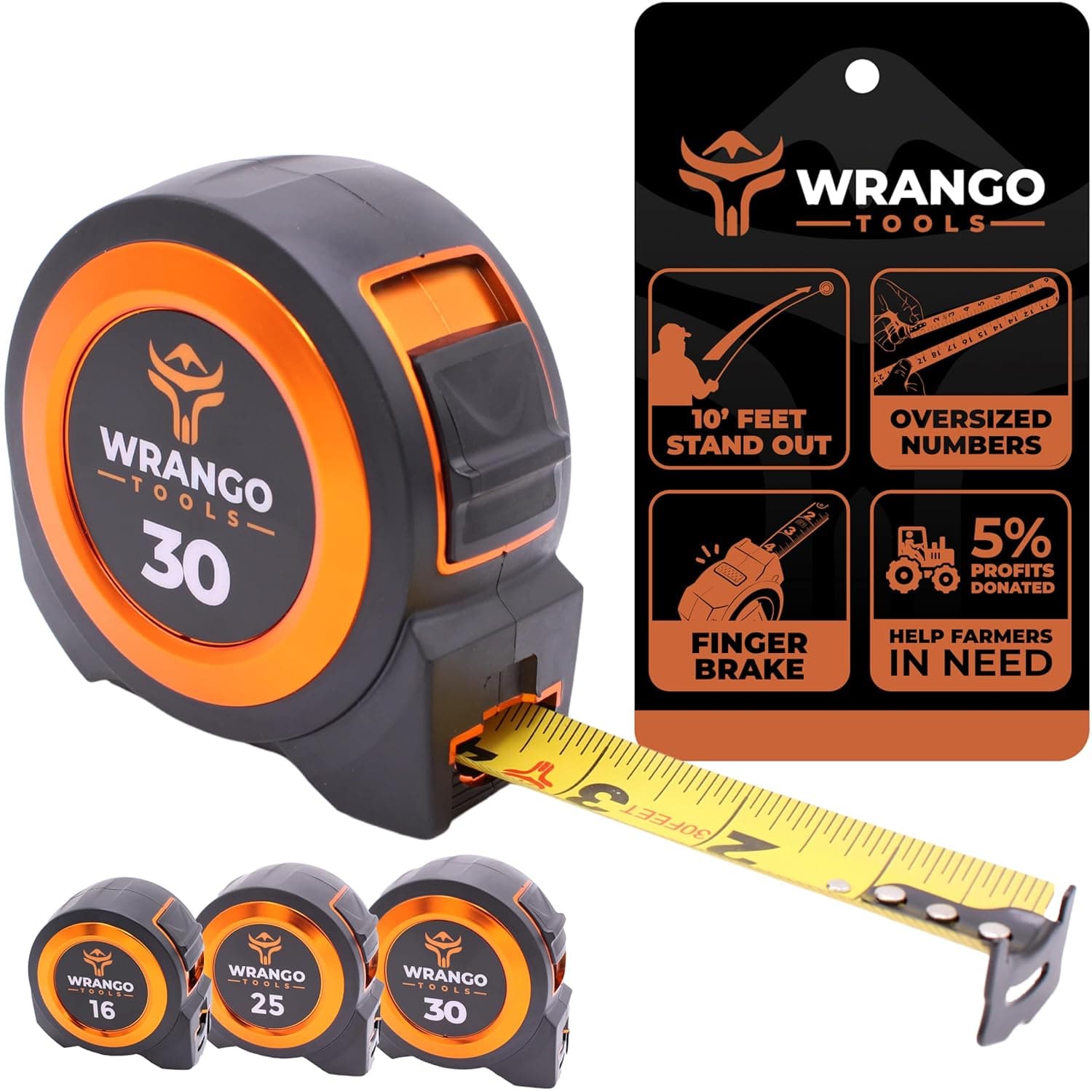 Wrango Tools 30 FT Tape Measure - Retractable Measuring Tape - Oversized & Double-Sided Print - Blade Lock, Finger Brake - High Performance Nylon Coating, 10' Stand-Out - 13' Reach / 1-1/16" Blade