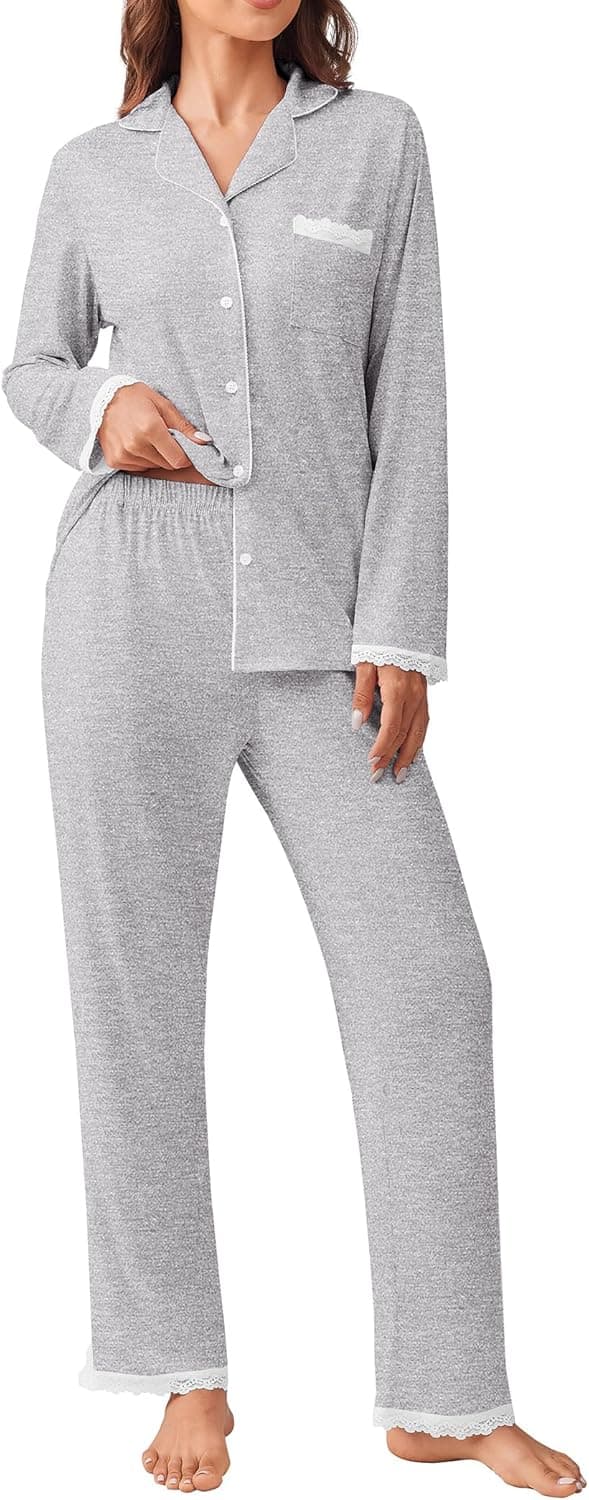 Ekouaer Womens Pajamas Set Long Sleeve Sleepwear Button Down Lounge Set 2 Pieces Soft Nightwear Lace Pjs Set