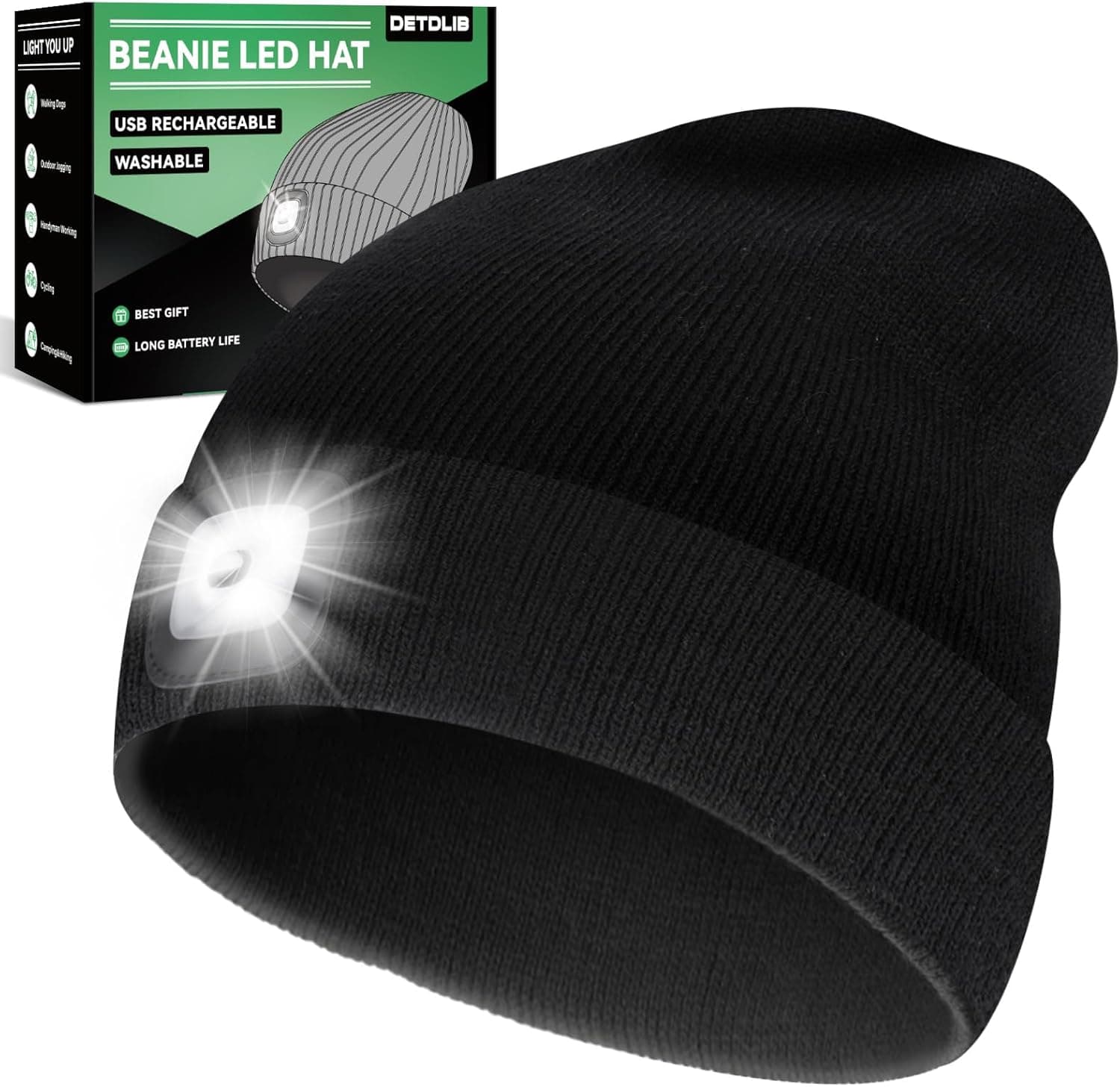 Christmas Gifts for Him, USB Rechargeable LED Headlamp Beanie, Stocking Stuffers for Men, Cool Gadget Gifts for Women, Gifts for Men, Black
