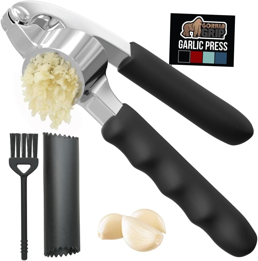 GORILLA GRIP Garlic Press and Peel Set, Heavy Duty Mincer Tool, Large Ergonomic Handle, Easily Mince, Crush Garlics Ginger Nuts, Peeler Included for Peeling Cloves, Holiday Prep Kitchen Gadgets, Black