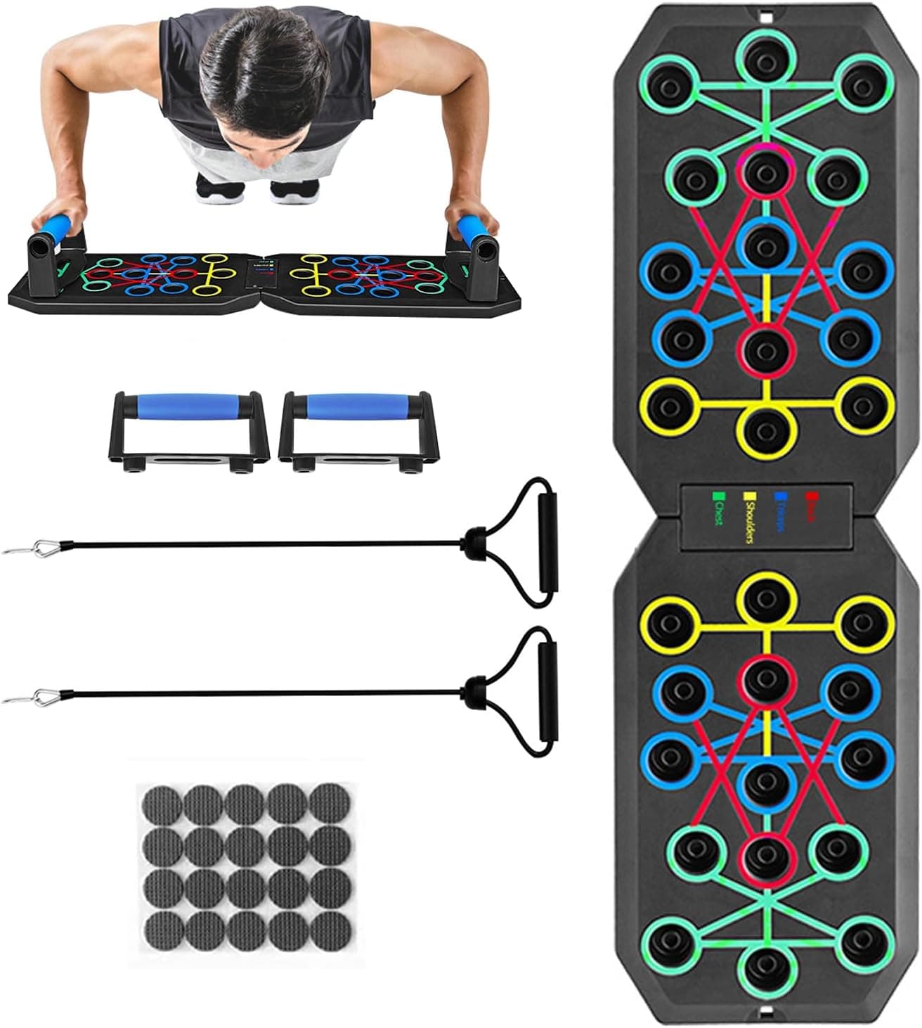 Push Up Board Fitness, BESUNTEK Foldable Multi-Function Exercise Board with Elastic Cord for Total Body Workouts, Portable Push Up Board for Floor