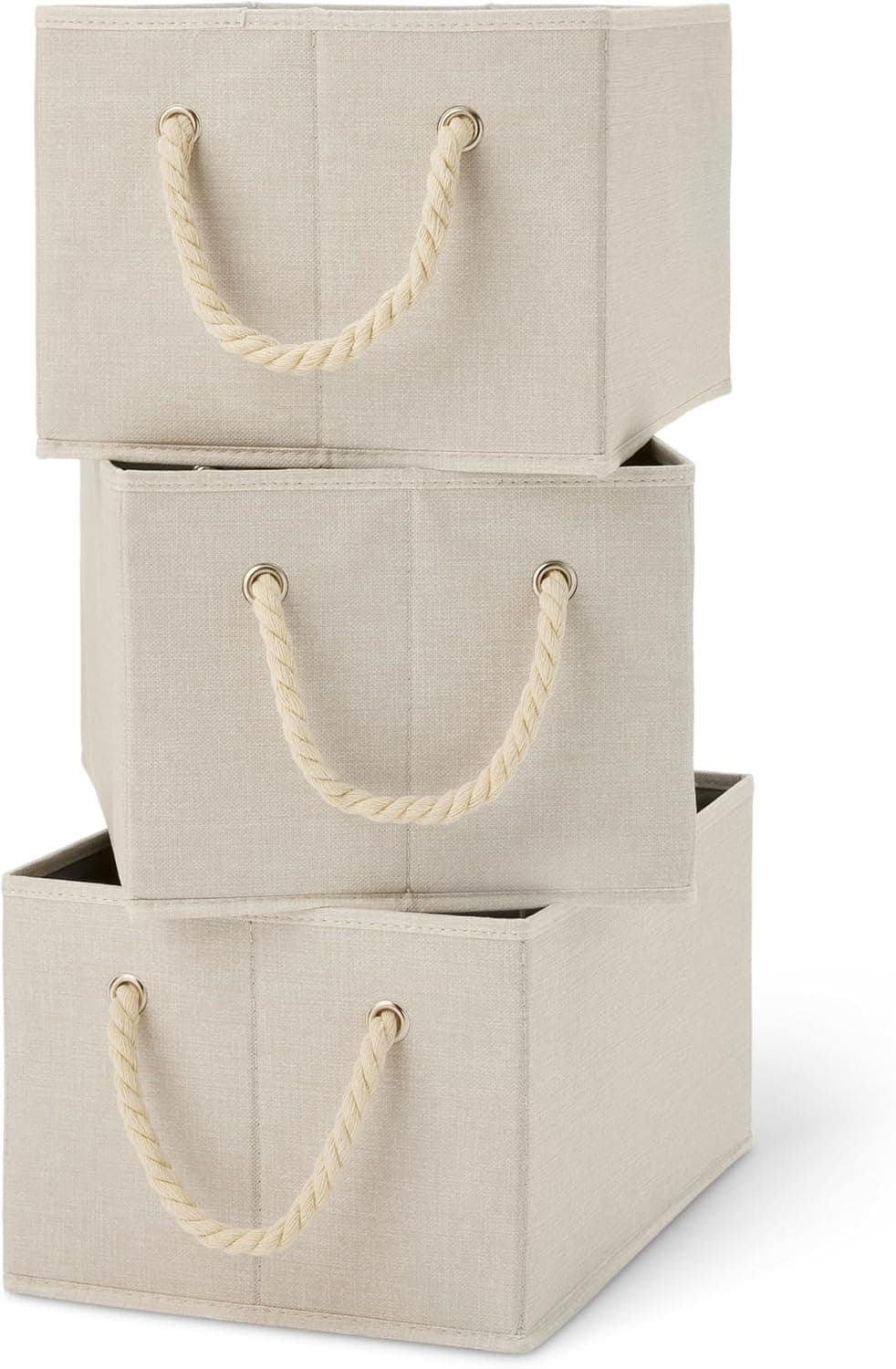 Amazon Basics Foldable Storage Bins with Rope Handles, Linen, Large, Pack of 3