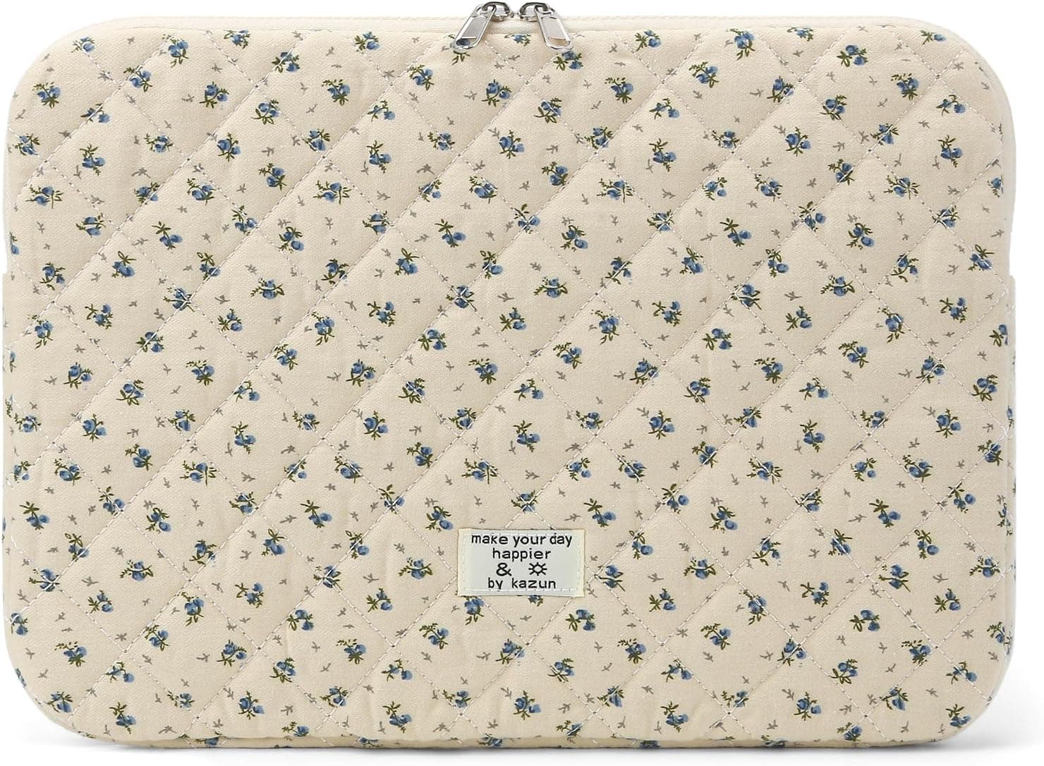 Puffy Laptop Sleeve 13-15.6 Inch Cute Quilted Laptop Protective Case Padded Floral Computer Sleeve for MacBook (A-Blue, 13 Inch)