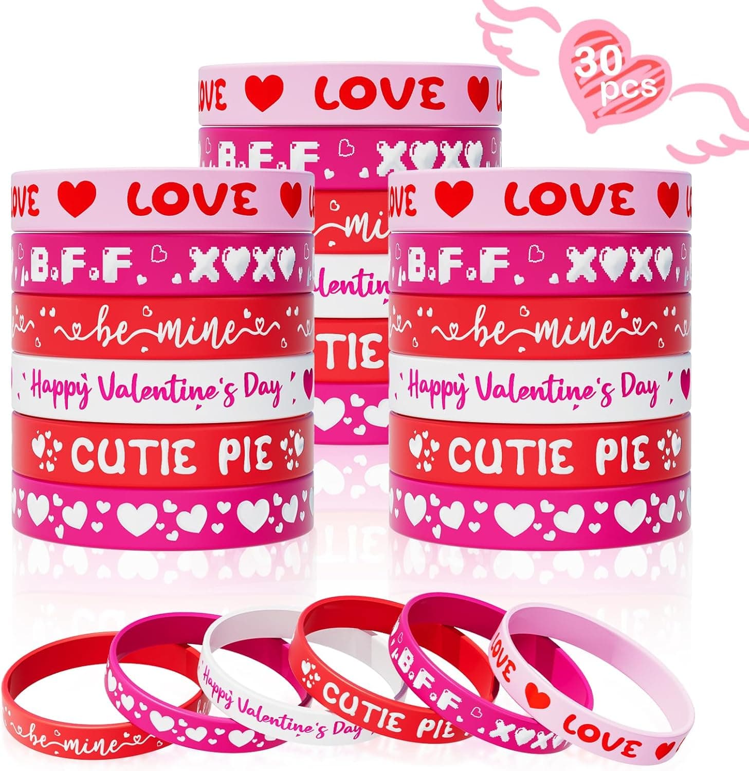 Valentine's Day Rubber Bracelets Bulk - 30PCS Valentines Day Gifts for Kids Valentines Party Favors Supplies Silicone Wristbands Goodie Bag Stuffers Treats Classroom Prizes Accessories Decorations