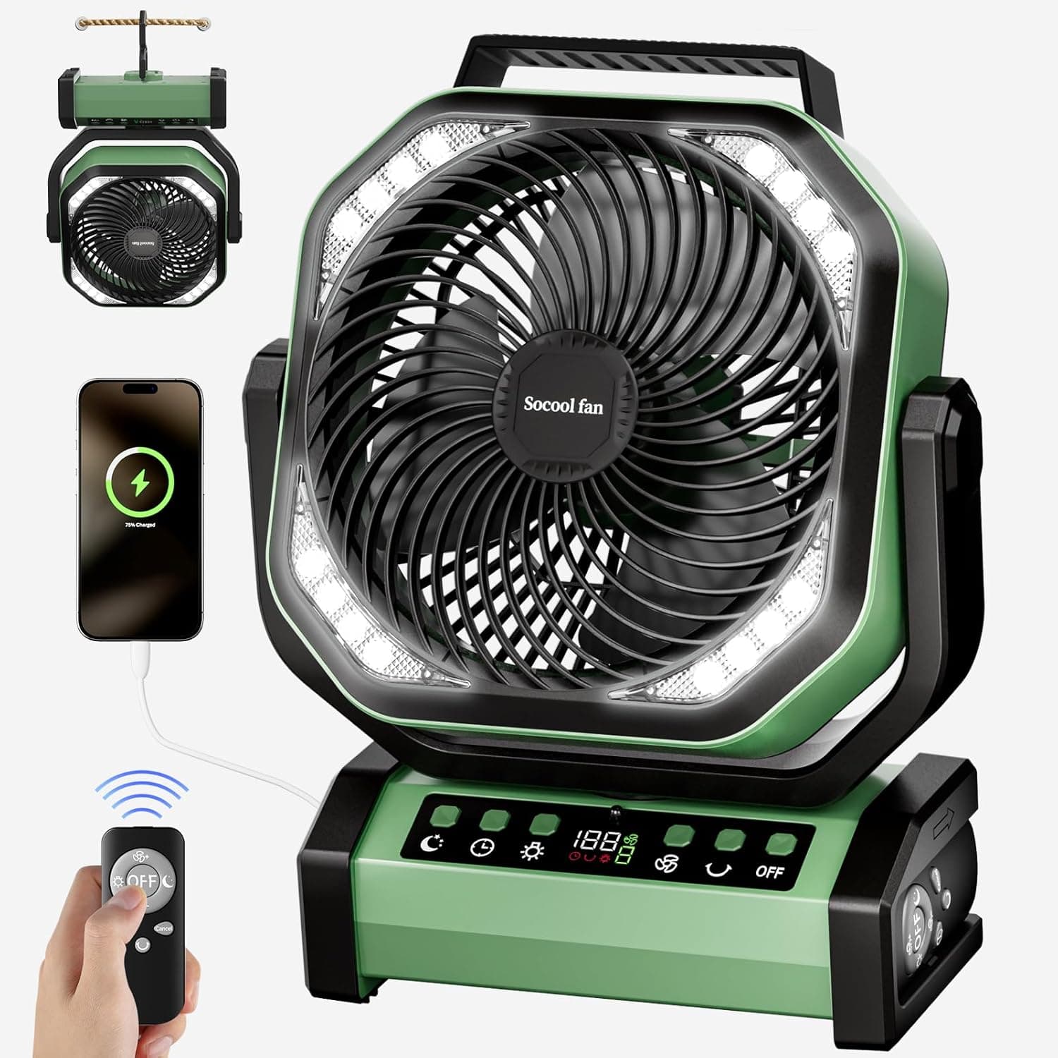 Socool Camping Fan with Light - 20000mAh Rechargeable Battery Fan with Remote, 112Hrs & 8 Speeds, Digital Display, Timer, Auto Oscillation, 270° Pivot & Hook for Outdoor Tent, Hurricane, Power Outage