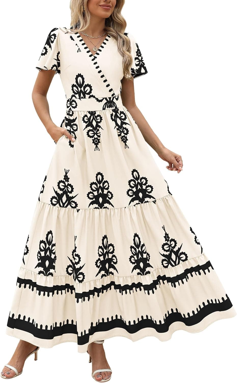 PRETTYGARDEN Womens 2025 Summer Casual V Neck Boho Maxi Dress Flowy Aline Bell Sleeve Tiered Floral Dresses with Pocket