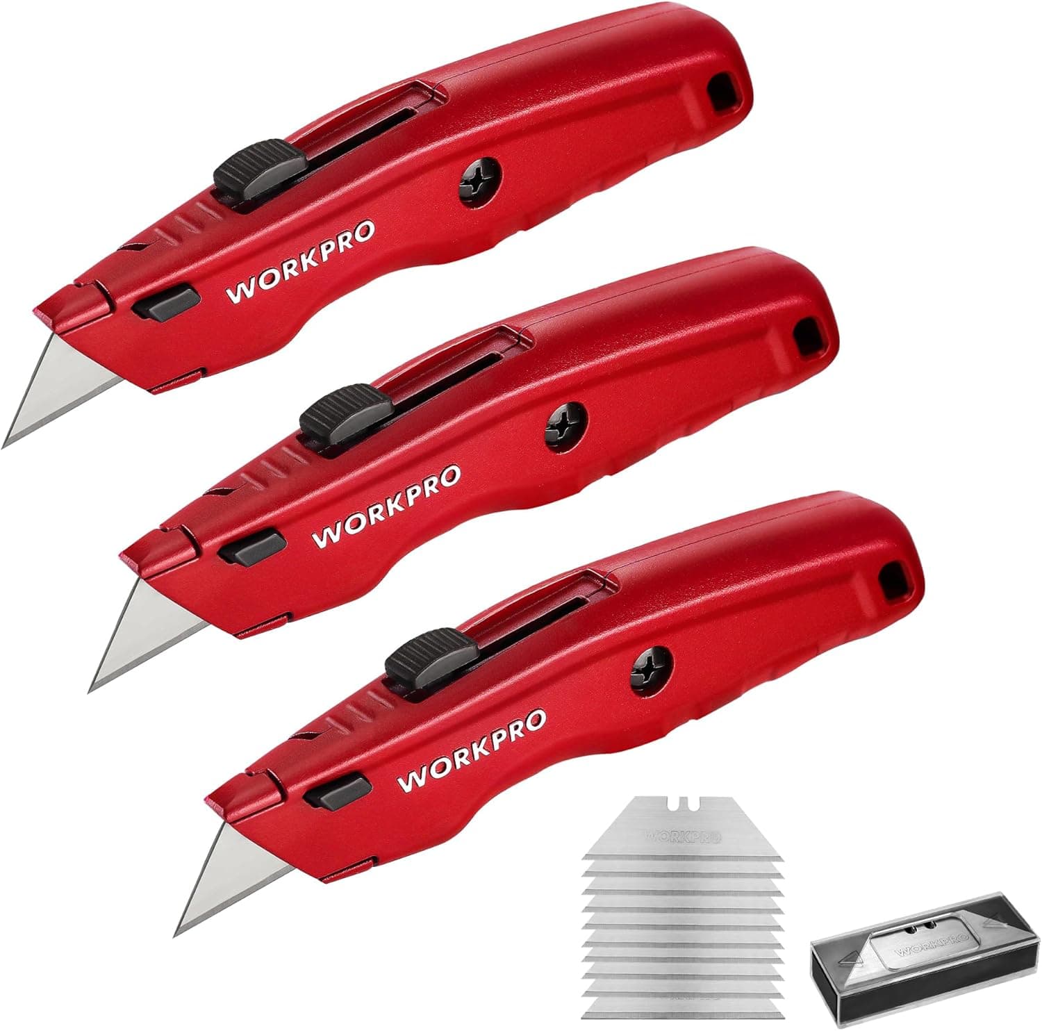 WORKPRO Premium Utility Knife, Retractable All Metal Heavy Duty Box Cutter, Quick Change Blade Razor Knife, 3PCS with 10 Extra Blades