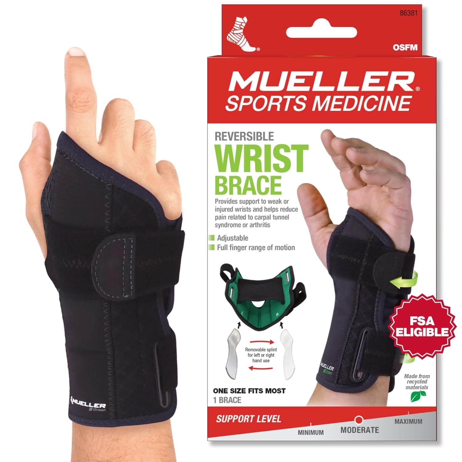 MUELLER Sports Medicine Reversible Green Wrist Brace for Men and Women, Wrist Pain Relief Support, Ideal for Carpal Tunnel, Tendonitis, Arthritis, Fits Left or Right Hand, Black, One Size