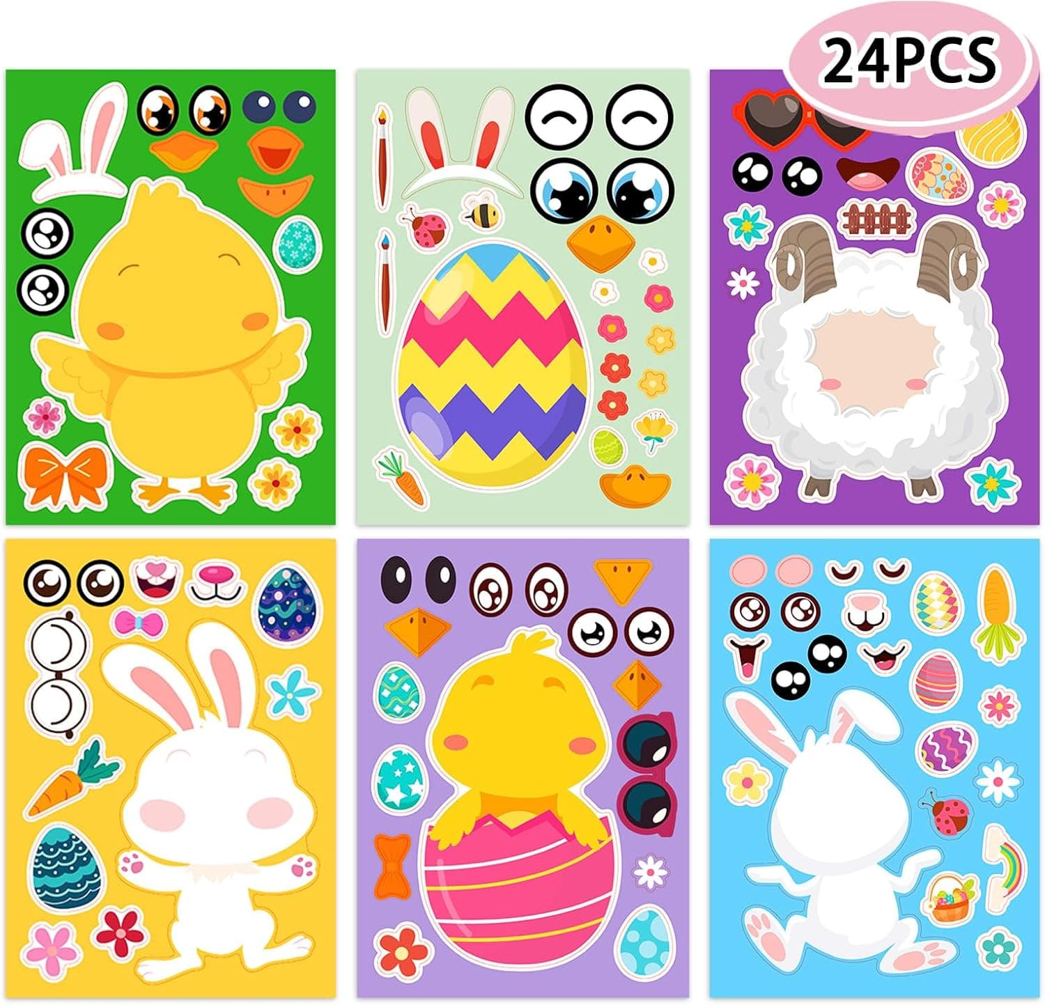 24 Sheets Easter Make a Face Stickers for Kids, Easter Basket Stuffers Goodie Treat Bag Fillers Activities Party Favor Supplies Crafts