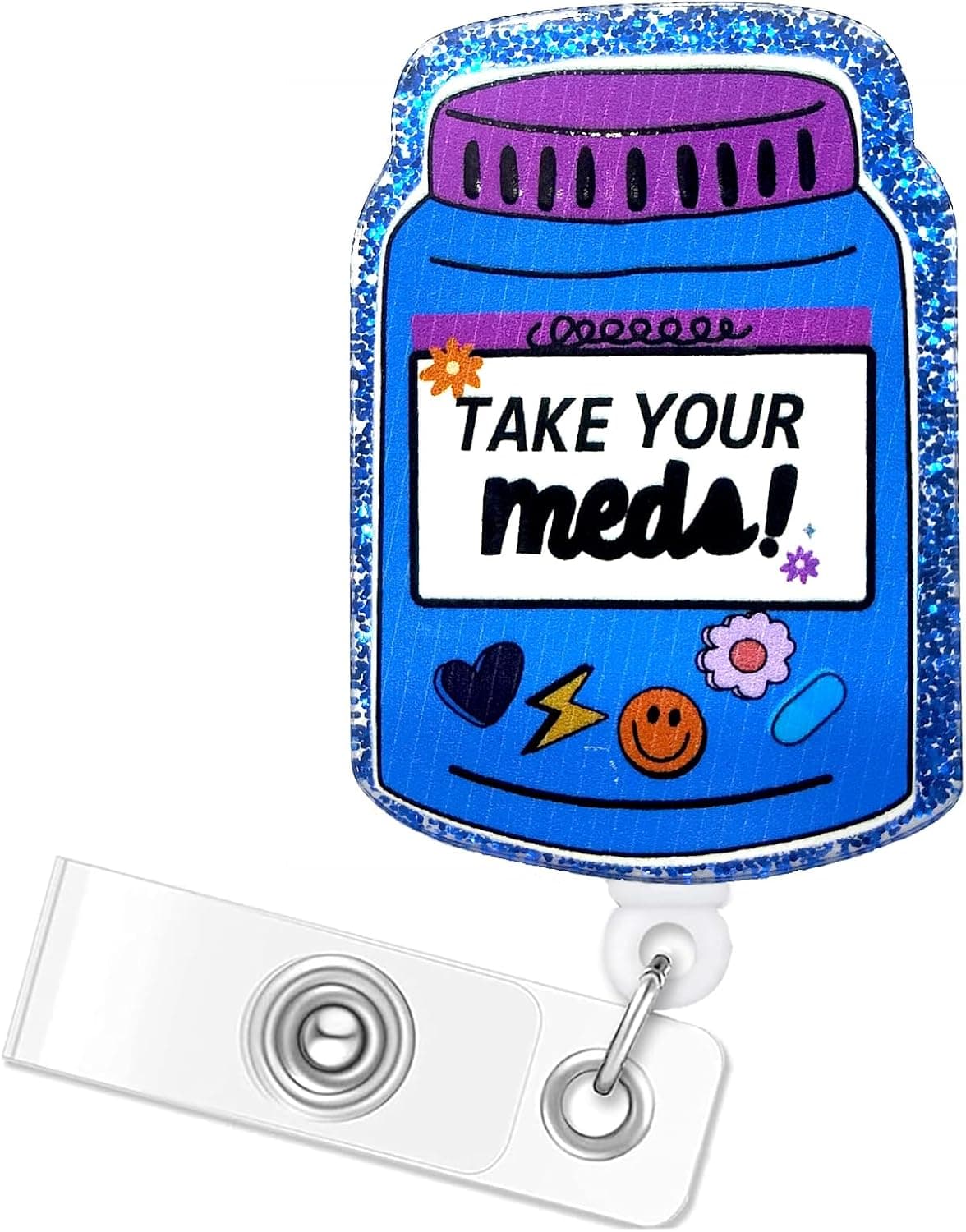 Funny Pharmacy Badge Reel - Take Your Meds Badge Reel Pill Box Nurse Badge Holder Retractable with Alligator Clip Accessories Medical Gifts Supplies for Med Tech Pharmacist Vet Technician Cat Lover