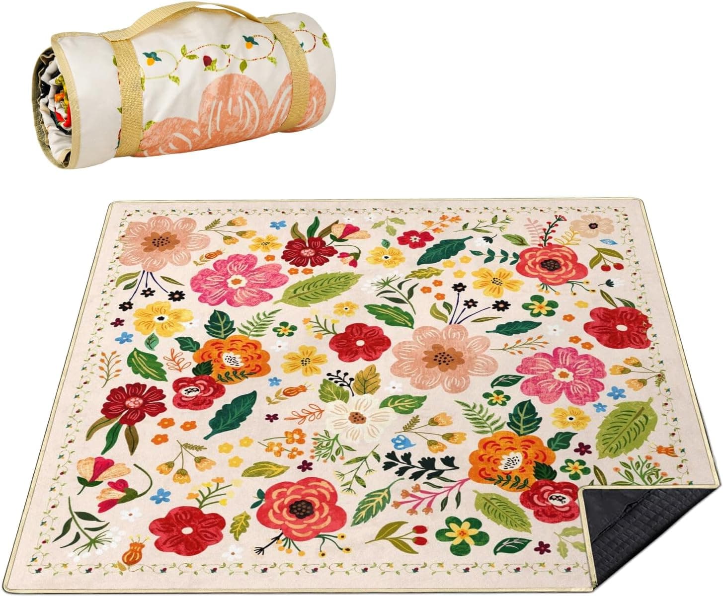 Picnic Blankets Waterproof Foldable Extra Large,80"x 80" Outdoor Beach Blanket Sandproof,3-Layer Lightweight Handy Mat Tote Picnic Camping Rugs for Outside Your Rv (Boho Vintage Floral)