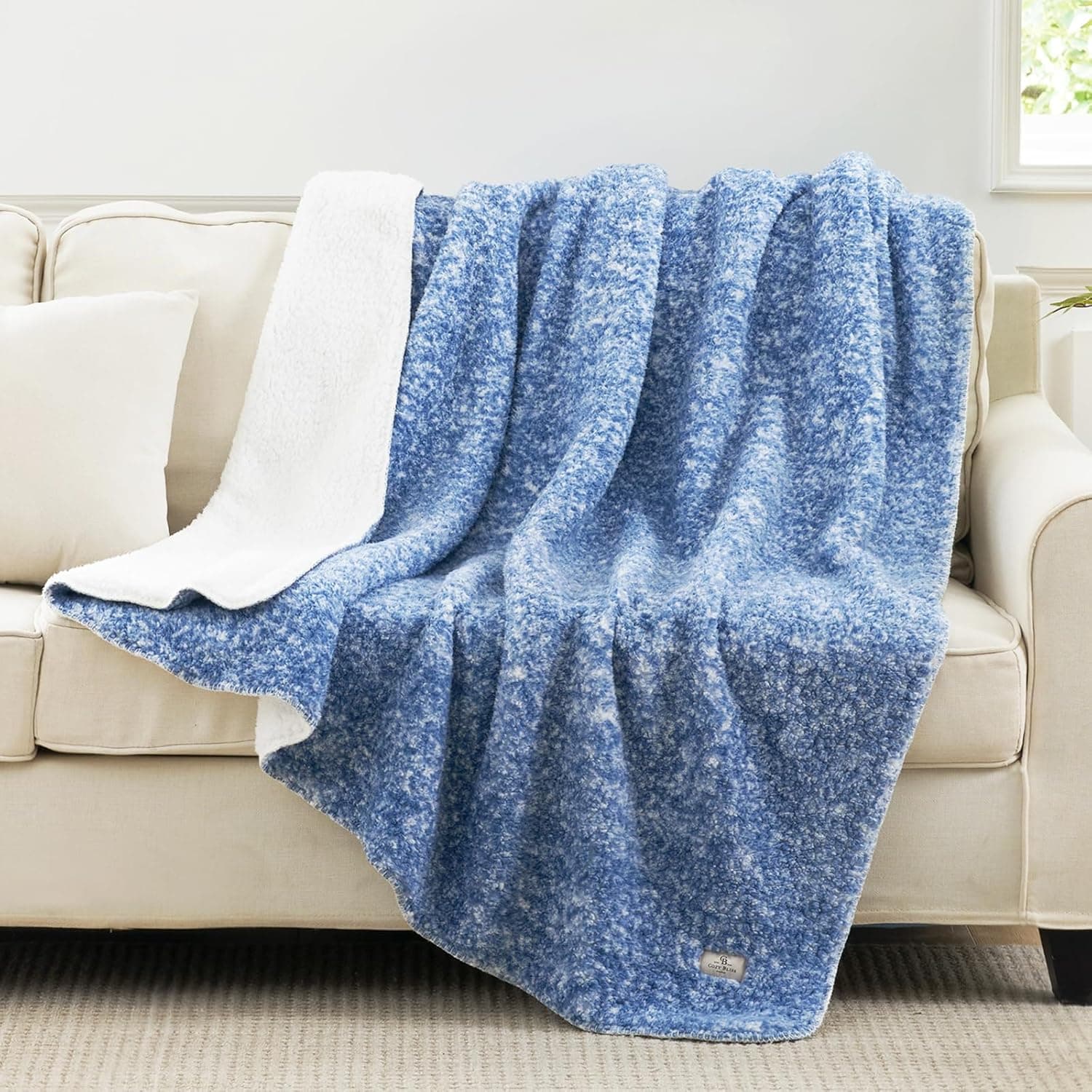 Cozy Bliss Luxury Sherpa Throw Blanket for Couch, Premium Reversible Plush Thick Throw, Warm Cozy Soft Blanket for Home and Gifts (Mottled Navy Blue, 50" x 60")