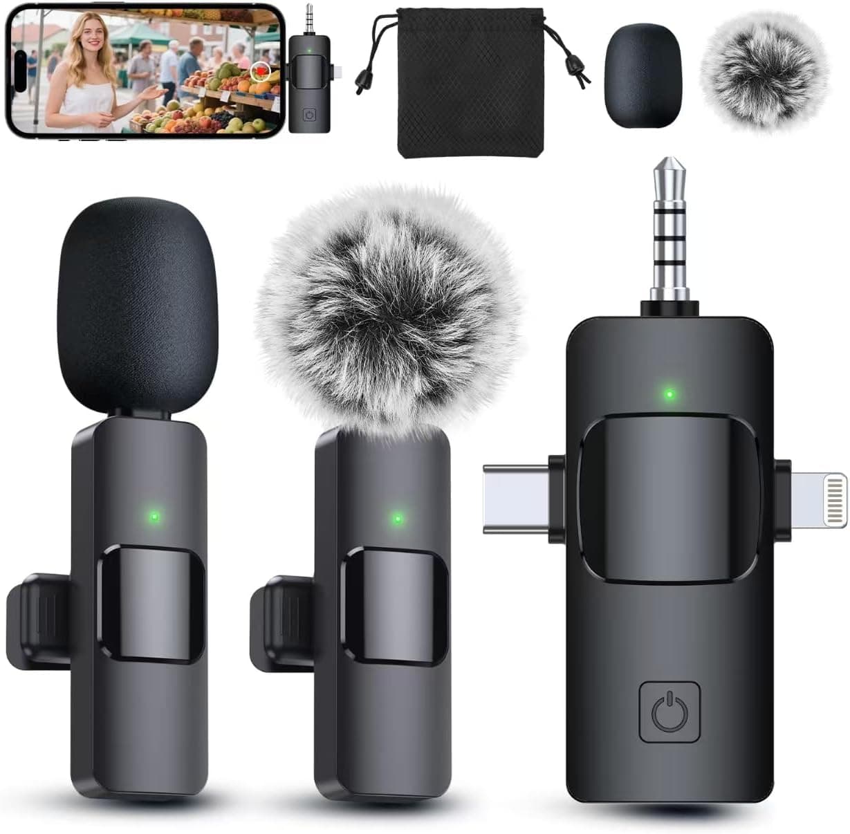 PQRQP 3 in 1 Professional Wireless Lavalier Microphone for iPhone, Android, Camera, Wireless Microphones, Mini Microphone, Crystal Clear Sound Quality for Recording, Live Streaming, Microphone Clips