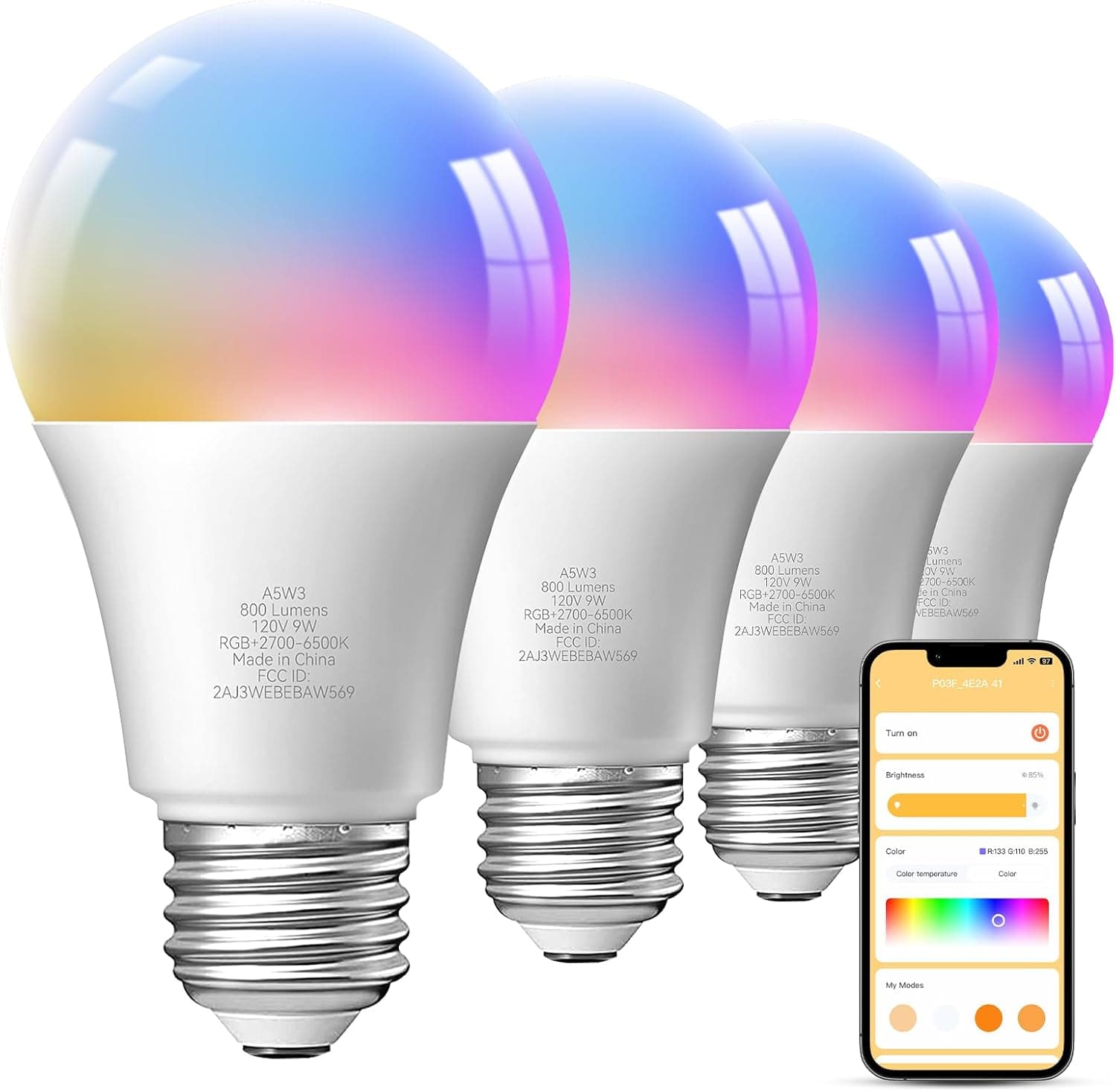TJOY 4 Pack Smart Light Bulbs, Bluetooth WiFi Led Bulb Work with Alexa &Google Assistant, RGB Color Changing Alexa Bulbs, Music Sync, 2700K-6500K, 9W(60W Equivalent), A19 E26 800LM, 2.4Ghz WiFi only