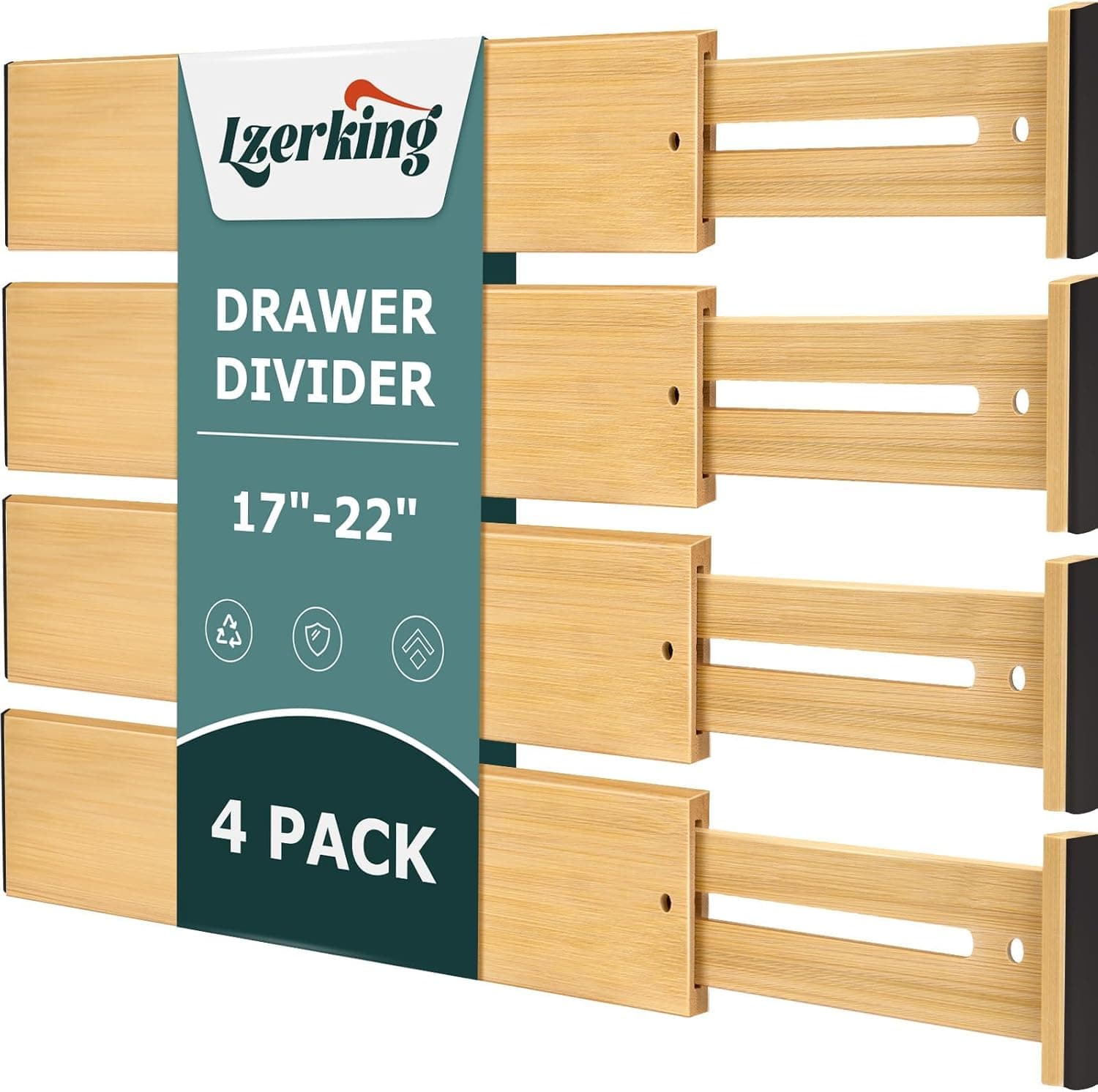 Lzerking Drawer Divider 4 Pack, Kitchen Bamboo Drawer Organizers, 17-22" Adjustable Wood Dividers for Clothes, Spring Loaded, Works in Kitchen, Dresser, Bathroom and Bedroom