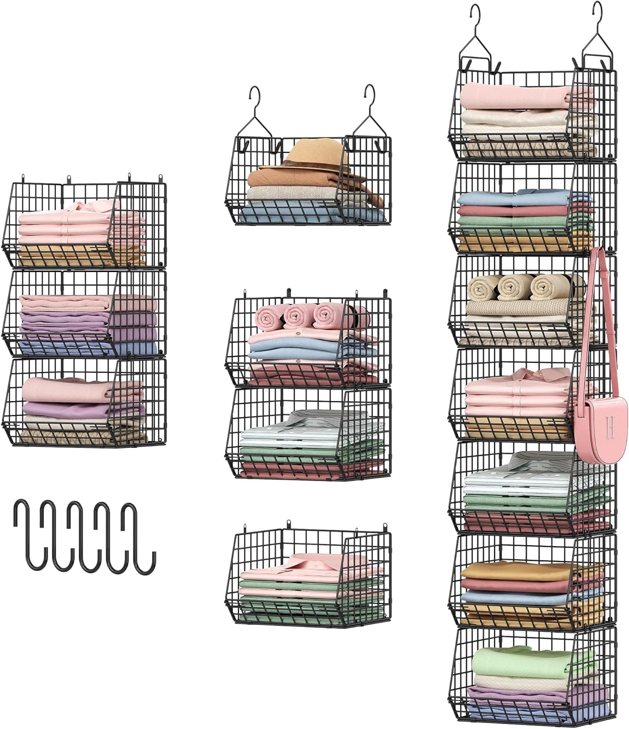 7 Tier Foldable Hanging Closet Organizer and Storage,Wire Closet Shelving with 5 S Hooks,Hanging Basket for Clothes Sweaters Shoes Handbags,Small Closet Organizers for Wardrobe Kitchen Laundry Room