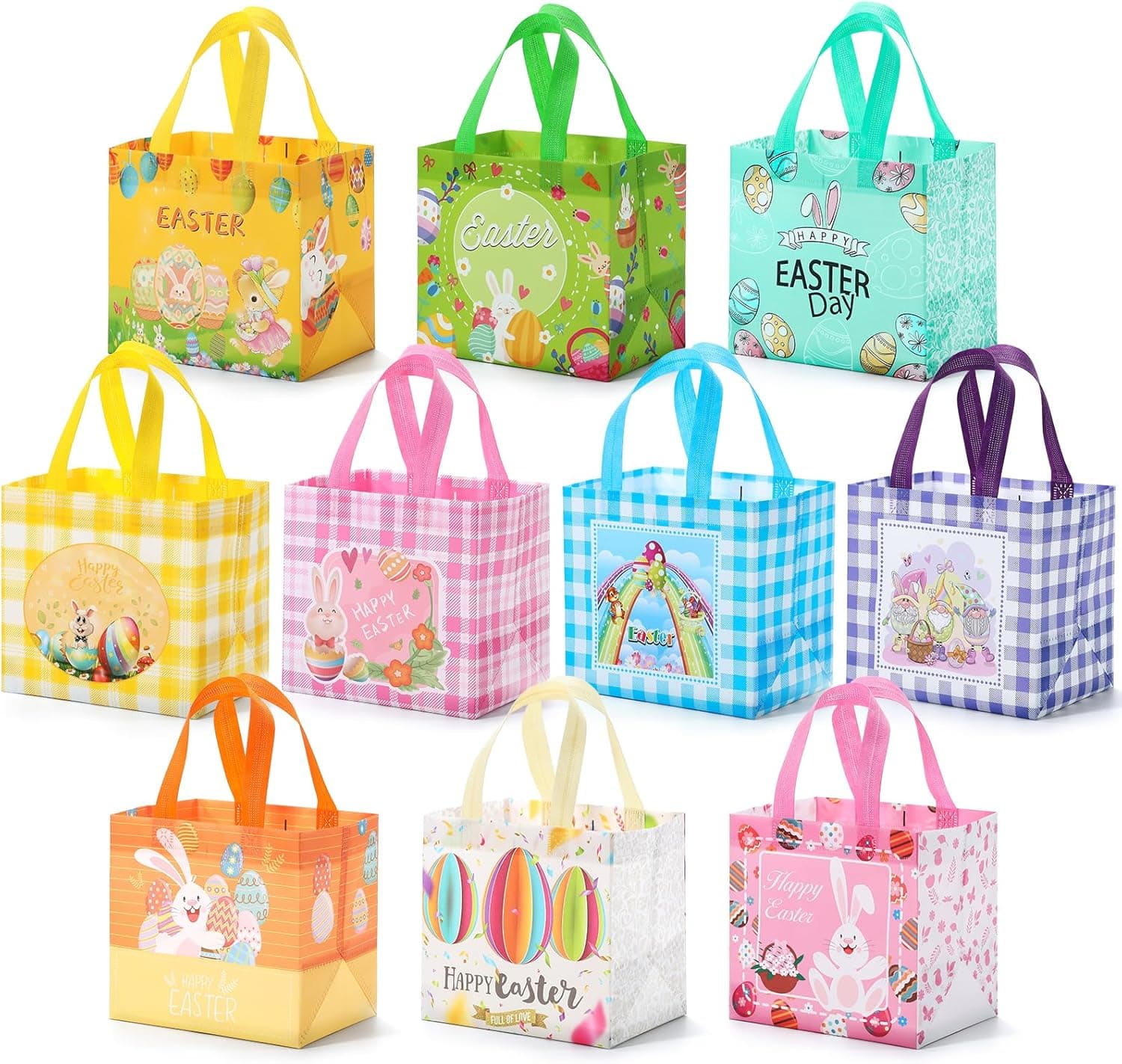 COTOPHER Easter Gift Bags with Handles, Large Easter Bags Reusable Non-Woven, Easter Treat Bags for Kids Easter Egg Hunt Party Supplies Decorations 10 Unique Patterns