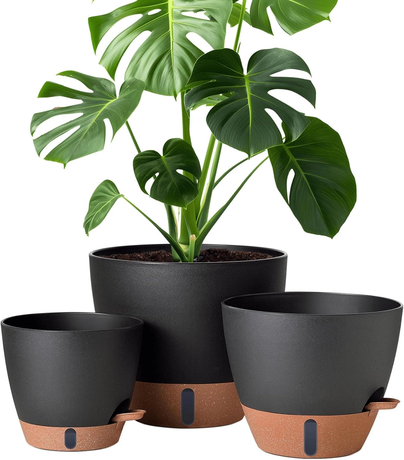 12/10/8 Inch Self Watering Pots for Indoor Plants Plastic Large Plant Pot for Outdoor Plants, Water Level Window & Spacious Reservoir Flower Pots Decorative Planter with Drainage and Tray (Black)