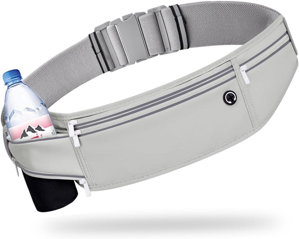 Slim Running Belt for Women Men,Runners Fanny Pack Phone Holder,Money Belt,Running Gear Accessories,with 3 Pockets (Gray)