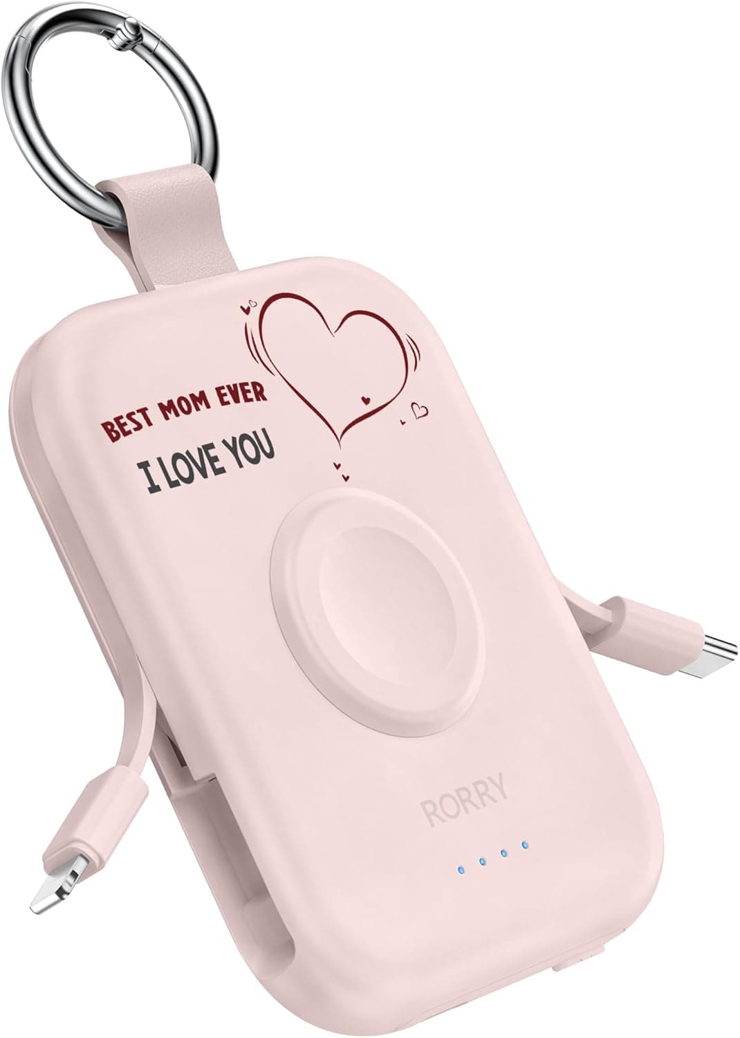 RORRY Portable Charger, 5000mAh Portable Charger Power Bank with Built-in Cables, Travel Keychain Battery Pack for Apple Watch Ultra/11/10/9/8/7/6/SE, iPhone Air/17/16/15/14/13/12, Mom-Pink
