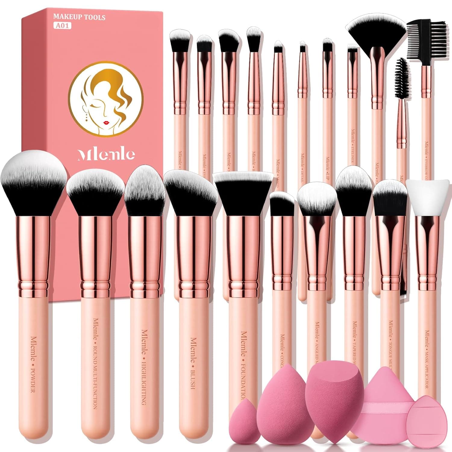 Makeup Brushes Set, Mlemle Professional 26 Pcs Makeup Kit, Include Powder Foundation Concealers Blush Eye shadows Eyebrow 21 Pcs Makeup Brushes and 2 Powder Puff, 3 Makeup Sponge(A01-Pink)