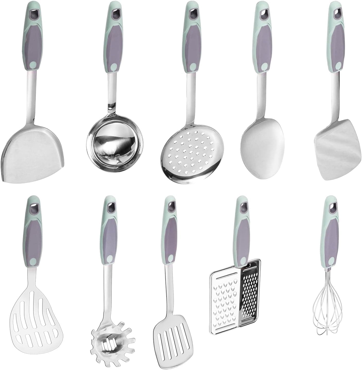 10PCS Cooking Utensils Set, Stainless Steel Utensils Set Non Slip Handle Heat Resistant Kitchen Cooking Tools Durable Metal Utensil Spatula, Spoon, Whisk, Ladle, Pasta Fork