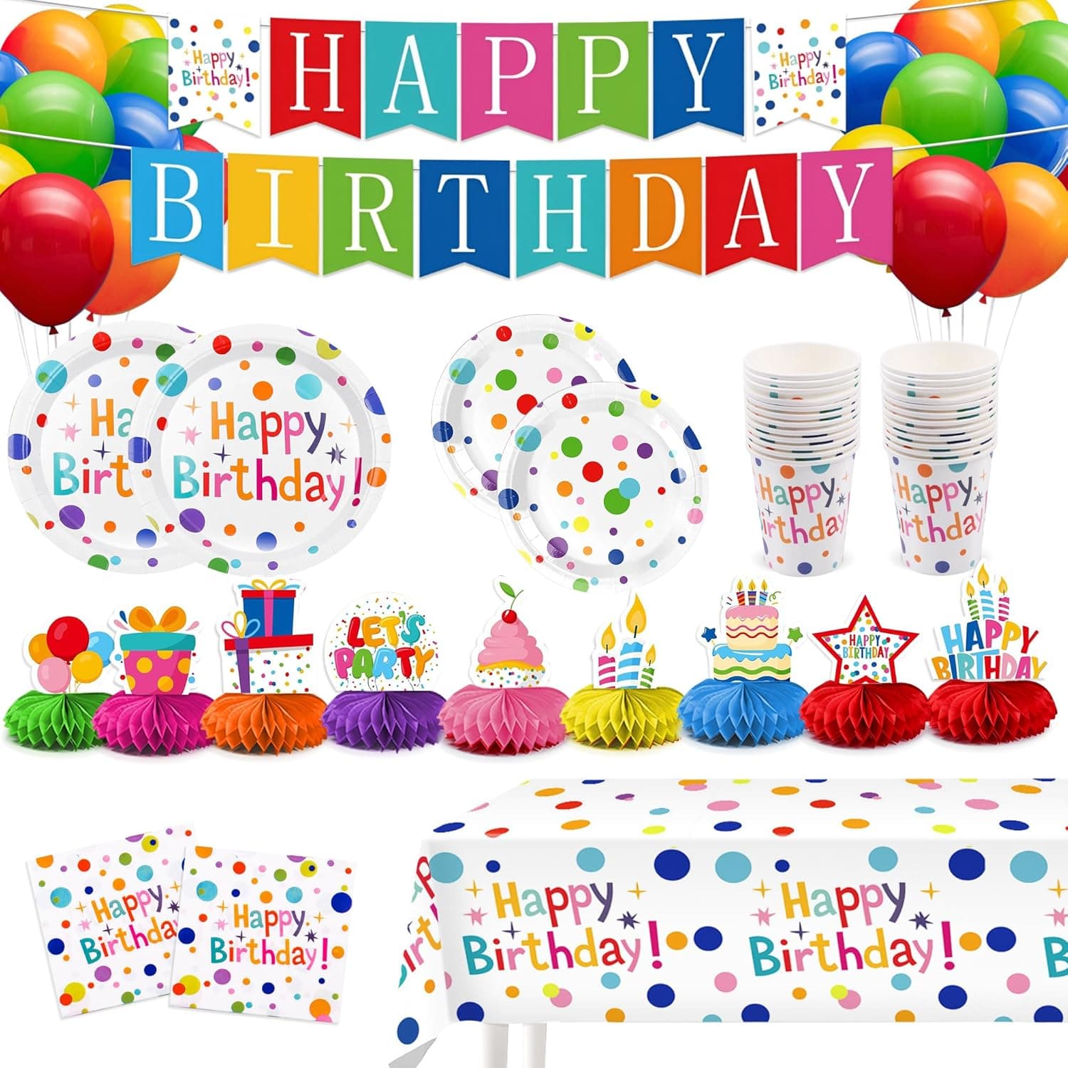 127Pcs Happy Birthday Party Supplies Decorations Set - Dot Design Disposable Tableware Kit with Plates, Napkins, Cups, Tablecloth, Banner, Balloons & Honeycomb Centerpieces for Boys Girls, Serves 24