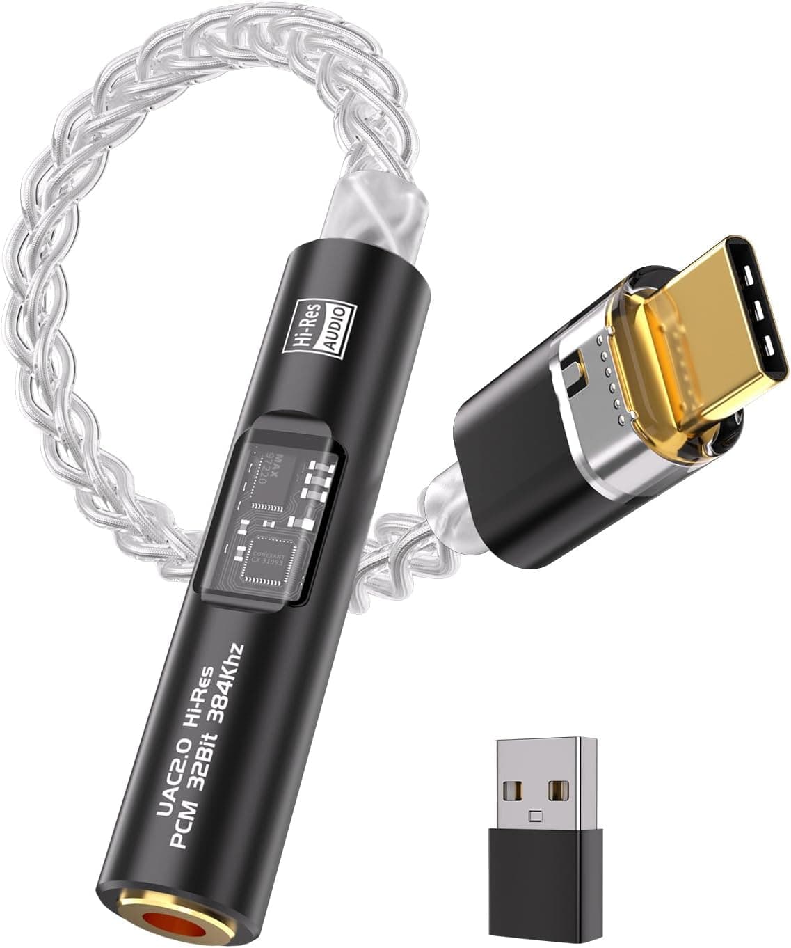 USB C to 3.5mm Audio Adapter with Dual Chip CX31993 MAX97220 DAC & HiFi Amplifier, 8-Strand 4N Single Crystal Silver-Plated Copper Cable,USBC to Headphones Aux Dongle for Android iPhone PC Mac (Black)