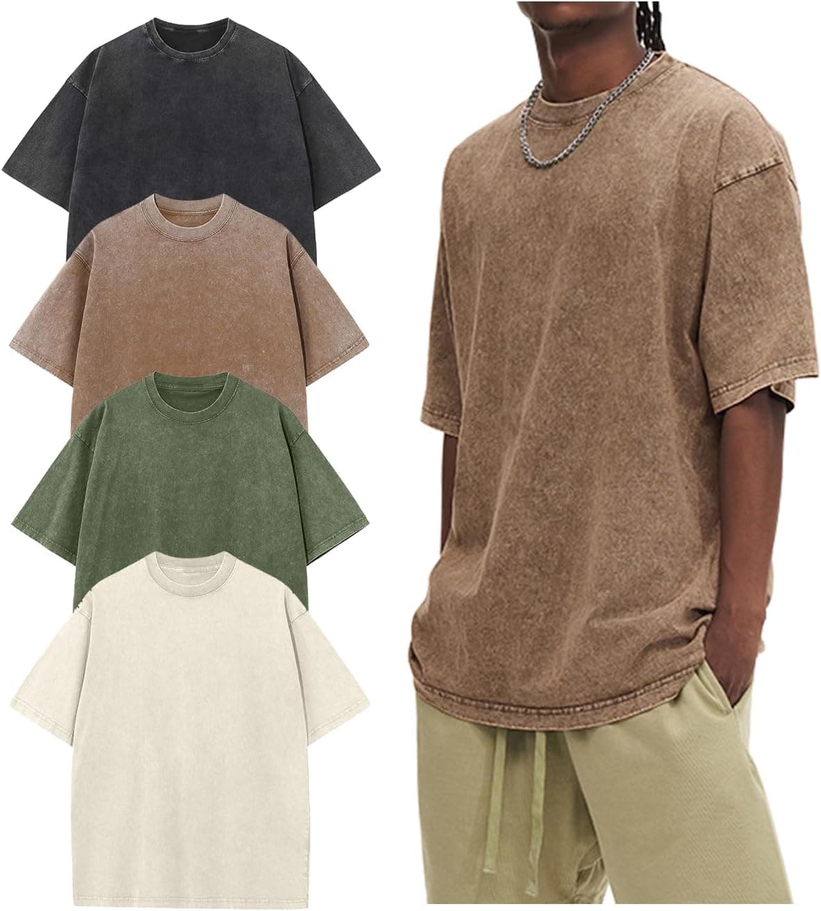 Arssm Oversized Tshirts for Men Acid Wash Loose Fit Vintage Cotton Heavyweight T Shirts Baggy Tees