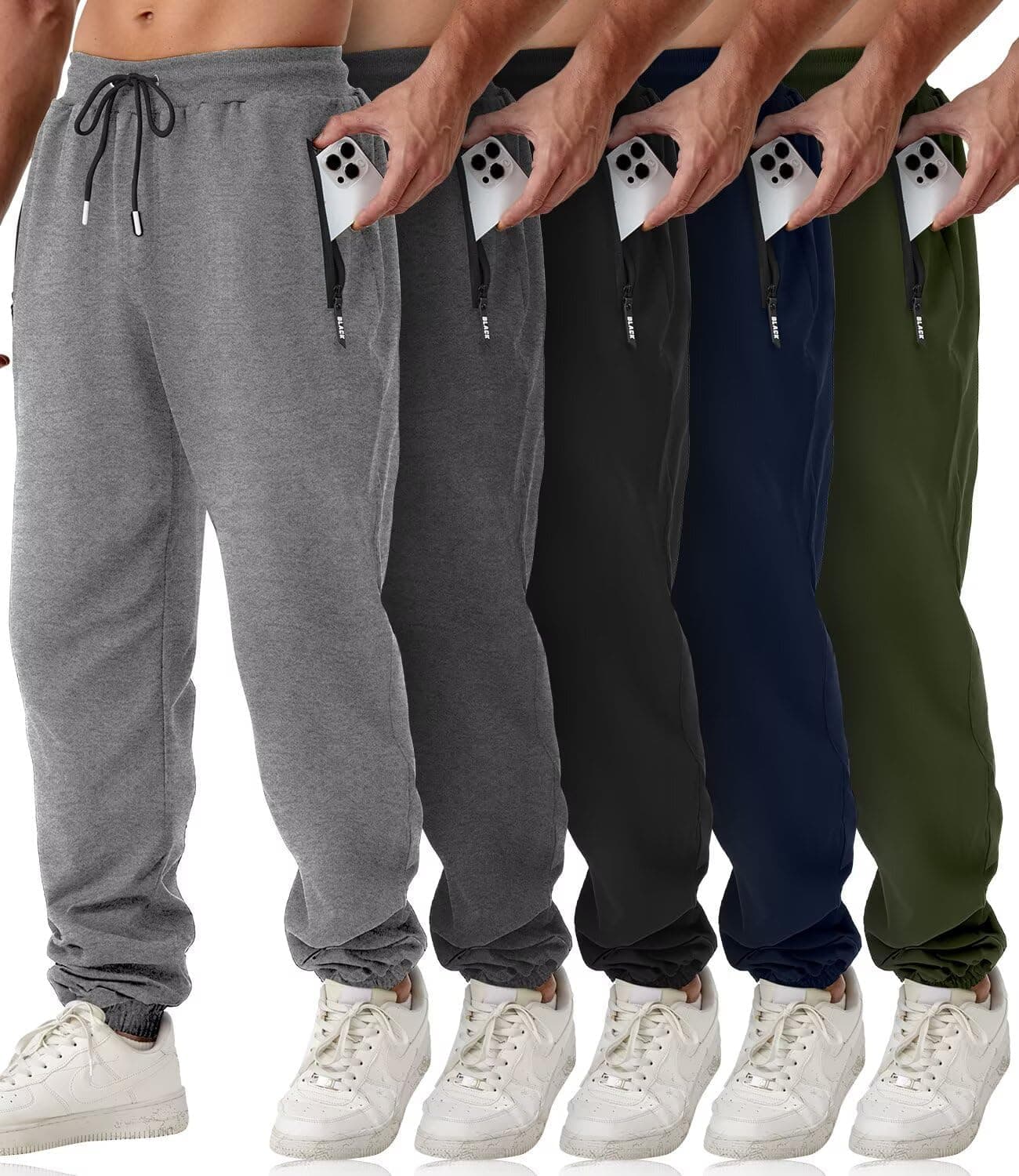 Mens Sweatpants with Zipper Pockets 5 Pack Athletic Joggers for Men Warm Slim Fit Track Workout Running Sweat Pants