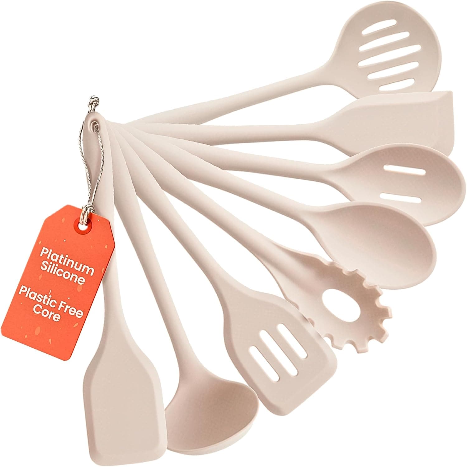 Non-Toxic Platinum Silicone Kitchen Utensil Set of 8 – Non-Scratch Cooking Spoons & Spatulas, 100% Plastic Free, Stainless Steel Core, Heat Resistant 500°F, Beige