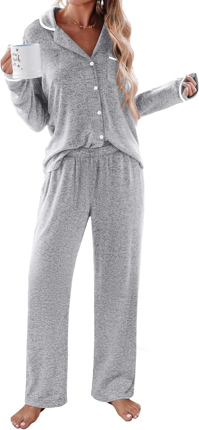 Ekouaer Women's Pajama Sets Long Sleeve Button Down 2 Piece Pjs Soft Lounge Sets Notch Collar Sleepwear