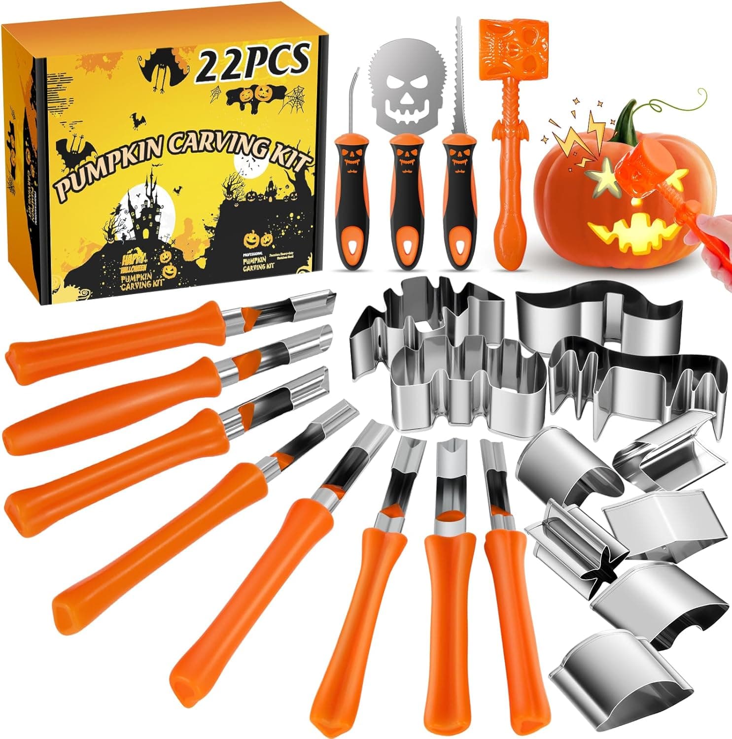 Pumpkin Carving Kit Halloween, 22 PCS Safe and Easy Pumpkin Carving Tools for Kids, DIY Stainless Steel Pumpkin Carving Set for Halloween Decoration Jack-O-Lanterns, Gift for Halloween(With Hammer)