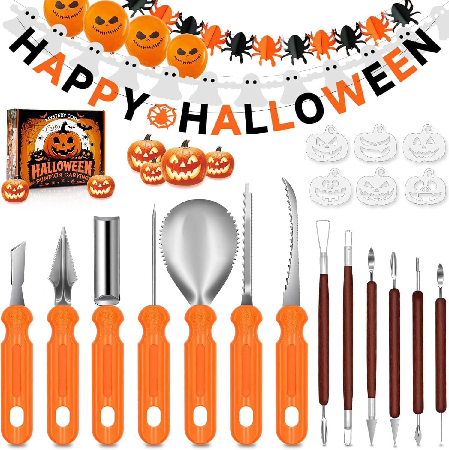 Halloween Pumpkin Carving Kit - 30-Piece Stainless Steel Pumpkin Carving Tools Set with Stencils & Banner Balloons, Jack-O'-Lantern Decorating Kits for Kids & Adults